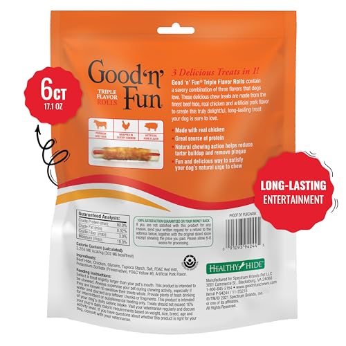 Good ‘n’ Fun Triple Flavor Rolls – 6 Count Beef Hide · Chicken · Pork Flavor · Long-Lasting Chew