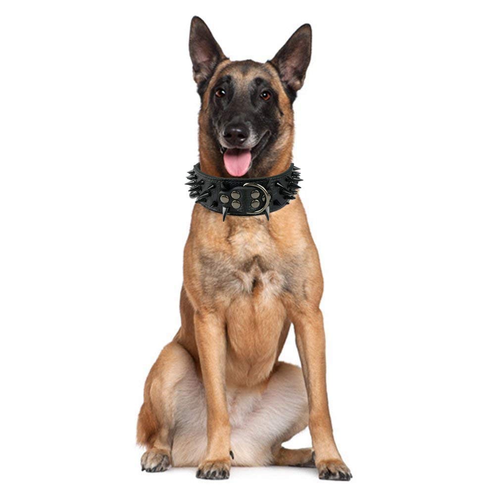 Pimaodog Spiked Dog Collar – 2” Leather Studded Collar for Medium & Large Breeds (S: 15–18”, Black)