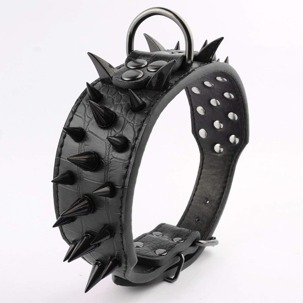 Pimaodog Spiked Dog Collar – 2” Leather Studded Collar for Medium & Large Breeds (S: 15–18”, Black)