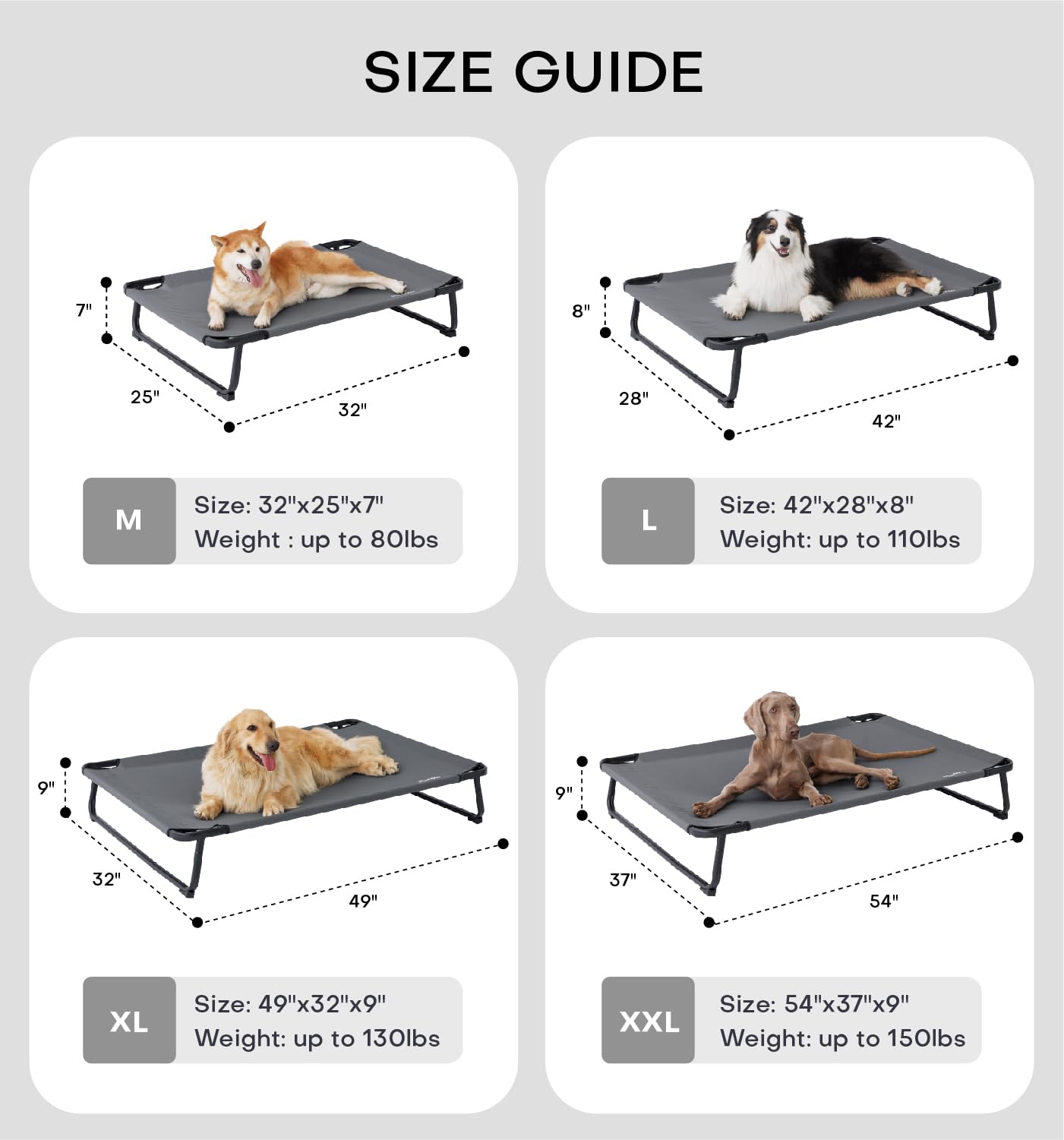 Made4Pets Dog Bed – Large 42”x28” – Elevated & Cooling Chew-Resistant · Washable Mesh · Indoor/Outdoor Use