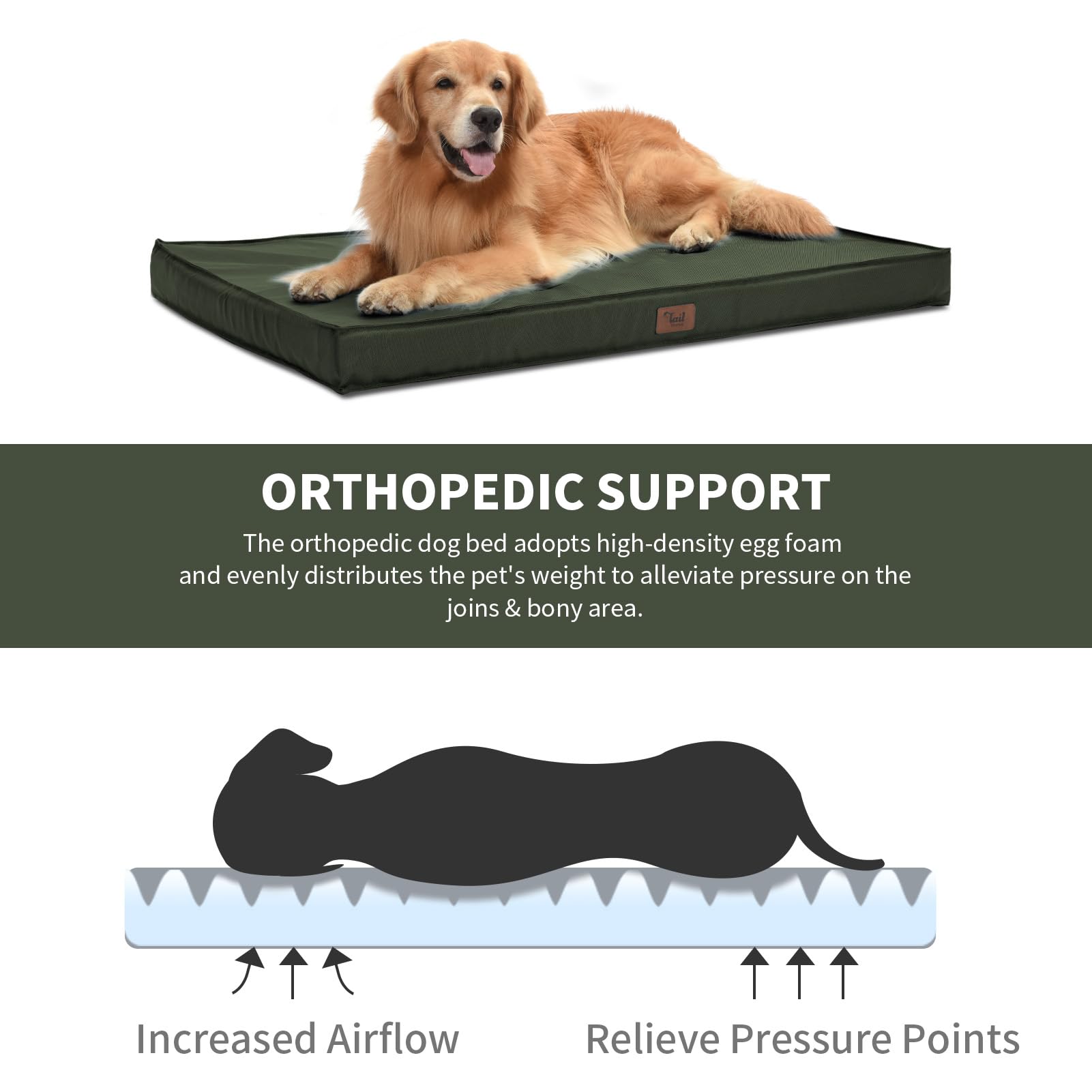 Tail Stories Outdoor All Weather Dog Crate Bed, Waterproof Dog Bed for Medium Dogs, Orthopedic Egg Foam Pet Bed with Removable Cooling Cover, Dark Green