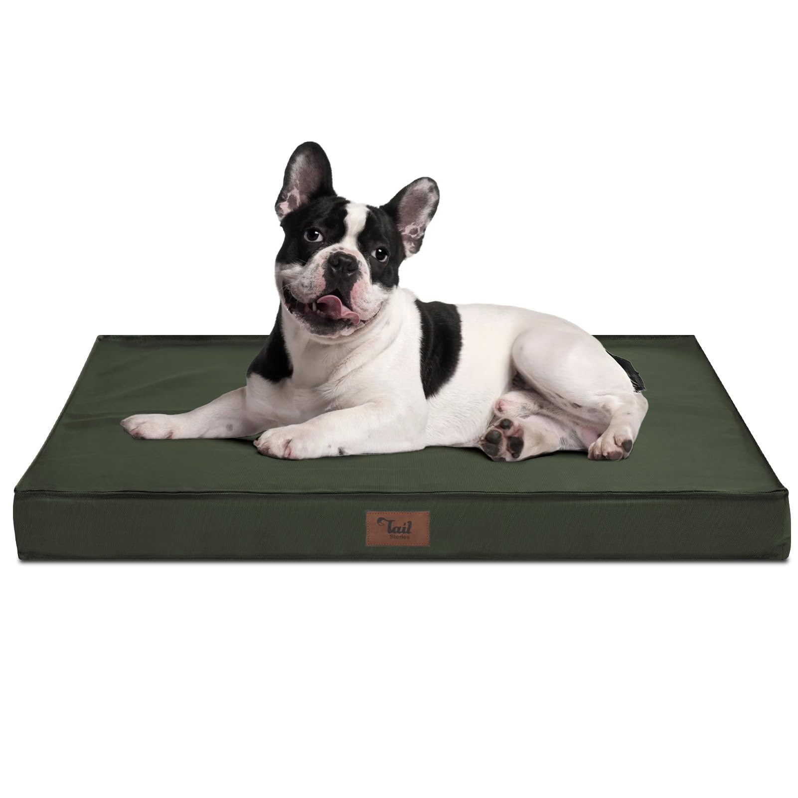 Tail Stories Outdoor All Weather Dog Crate Bed, Waterproof Dog Bed for Medium Dogs, Orthopedic Egg Foam Pet Bed with Removable Cooling Cover, Dark Green