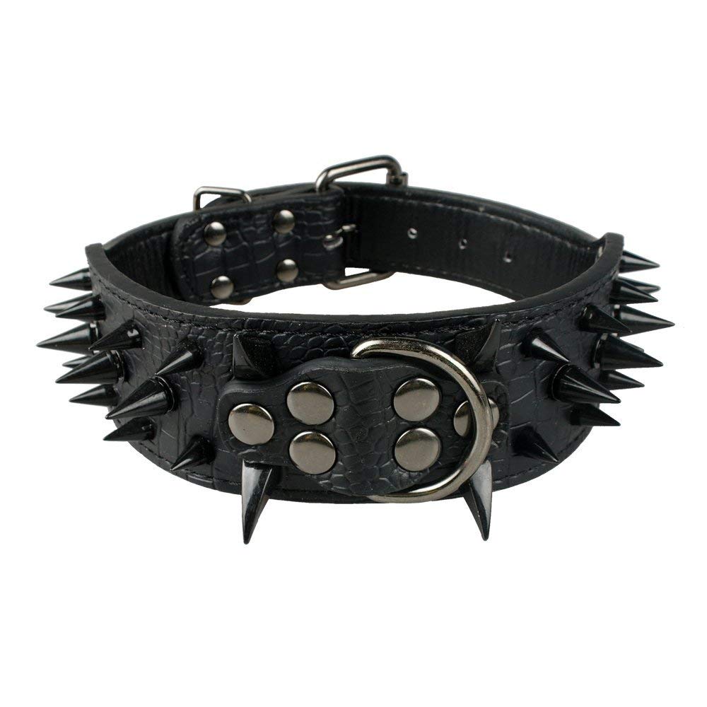 Pimaodog Spiked Dog Collar – 2” Leather Studded Collar for Medium & Large Breeds (S: 15–18”, Black)