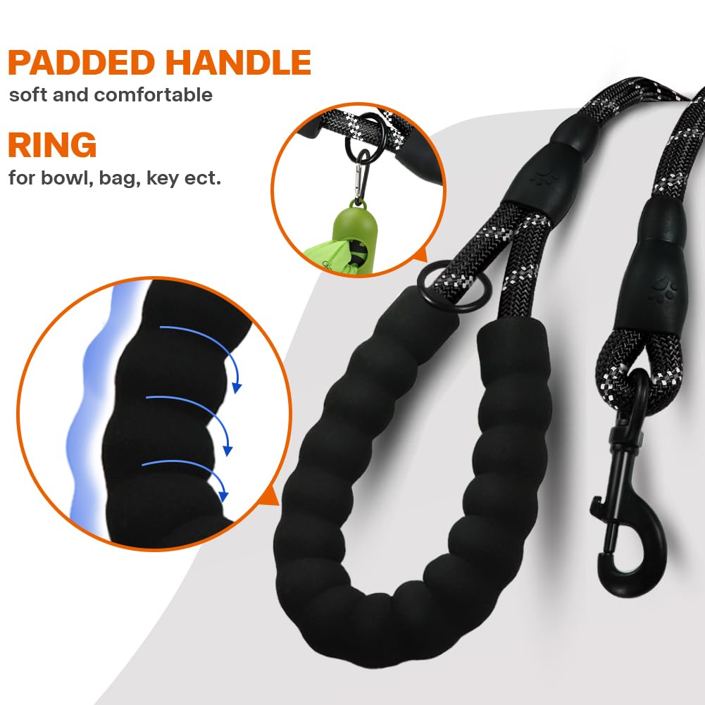 Taglory Rope Dog Leash 6 FT with Comfortable Padded Handle, Highly Reflective Threads Leash for Medium Large Dogs, 1/2 inch, Black