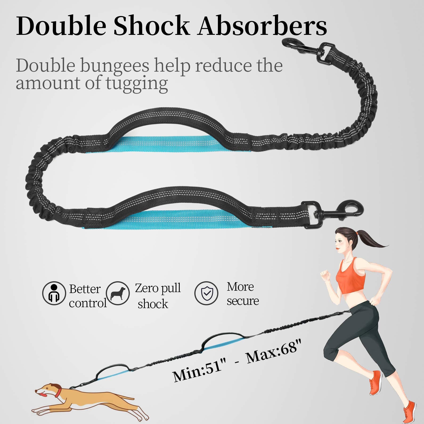 iYoShop Hands-Free Dog Leash – Bungee Lead with Zipper Pouch & Dual Padded Handles (Black, Large 25–120 lbs)