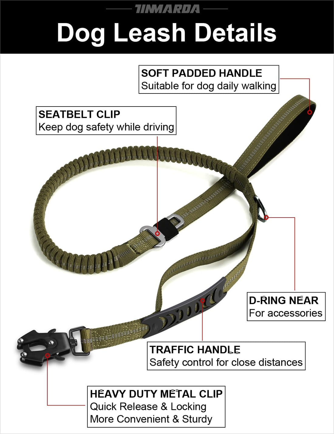 TINMARDA Heavy-Duty Dog Leash – 4–6ft Shock-Absorbing Lead with Dual Padded Handles (Army Green)