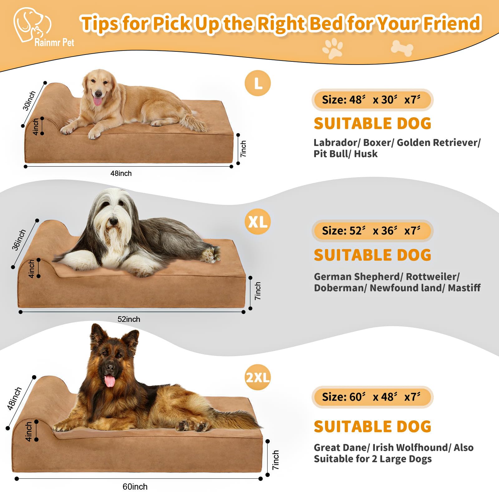 Rainmr Dog Bed – Large – 7” Orthopedic Memory Foam Washable Cover · Waterproof Liner · Indoor/Outdoor/Car Use