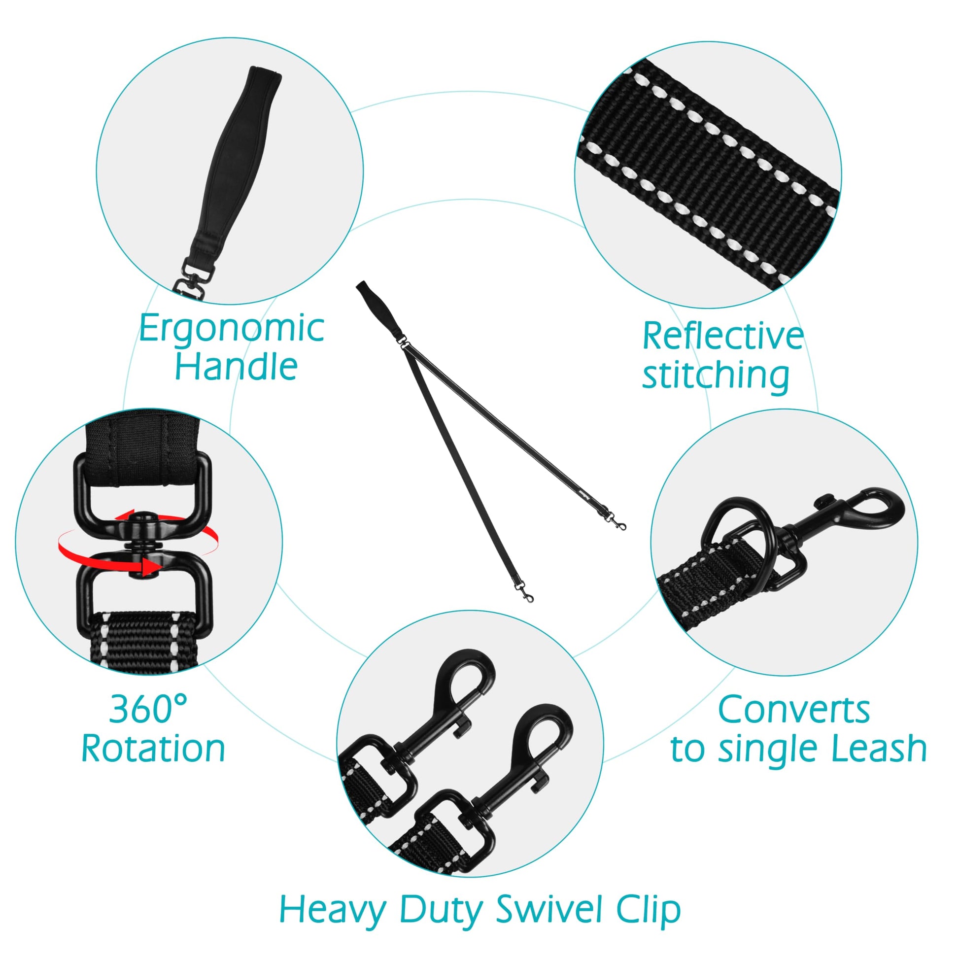 PetBonus Two-Point Control Dog Leash – No-Tangle Reflective Lead for Medium & Large Dogs (Black)