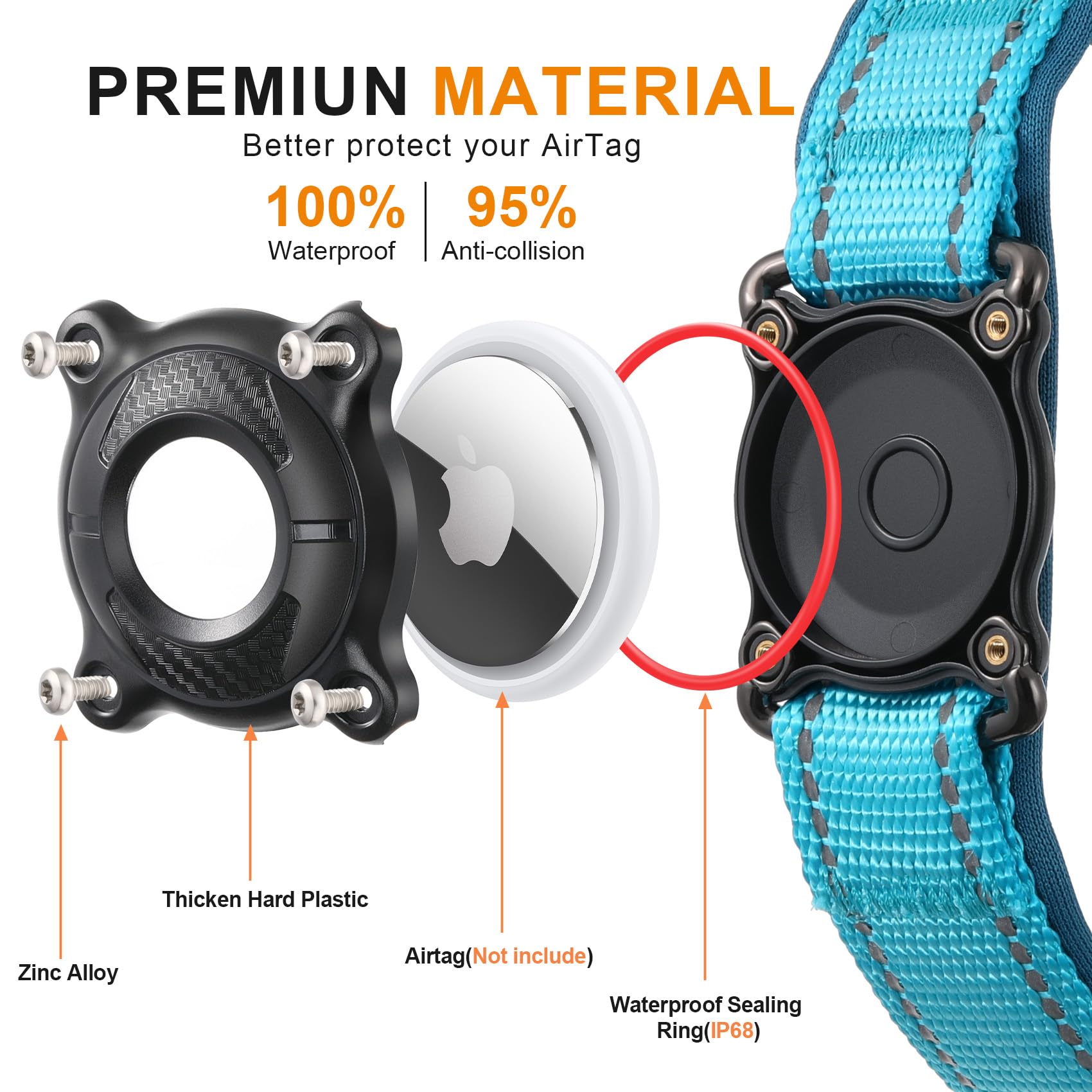 Airtag Dog Collar – Waterproof Reflective Martingale Collar with Padded Nylon & Holder