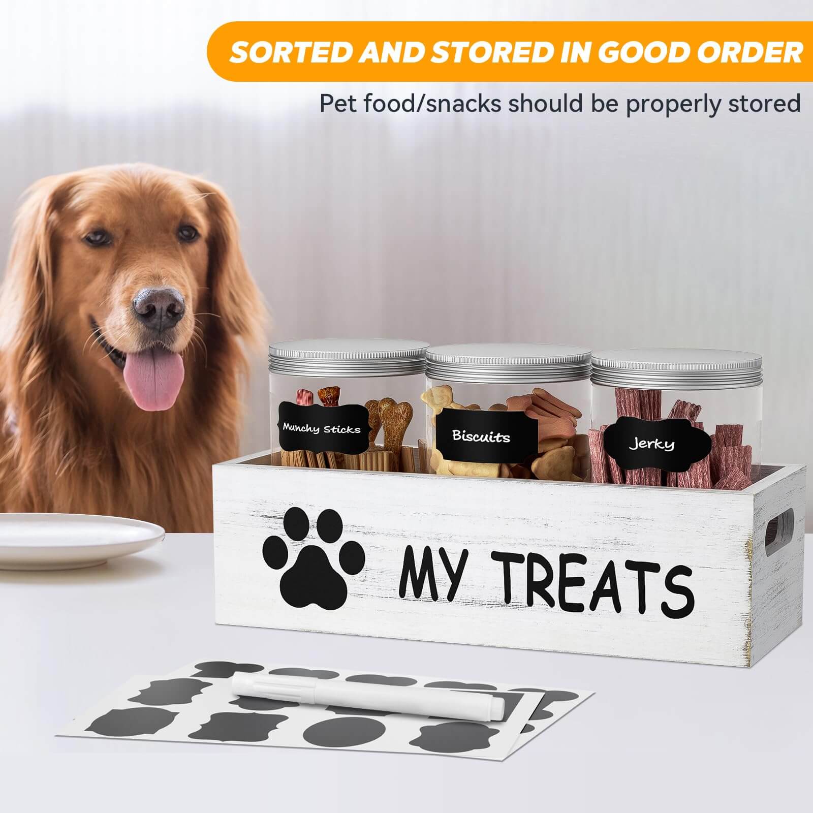 Dog Treat Container Set – 3-Jar Wooden Storage Box for Pet Snacks & Food