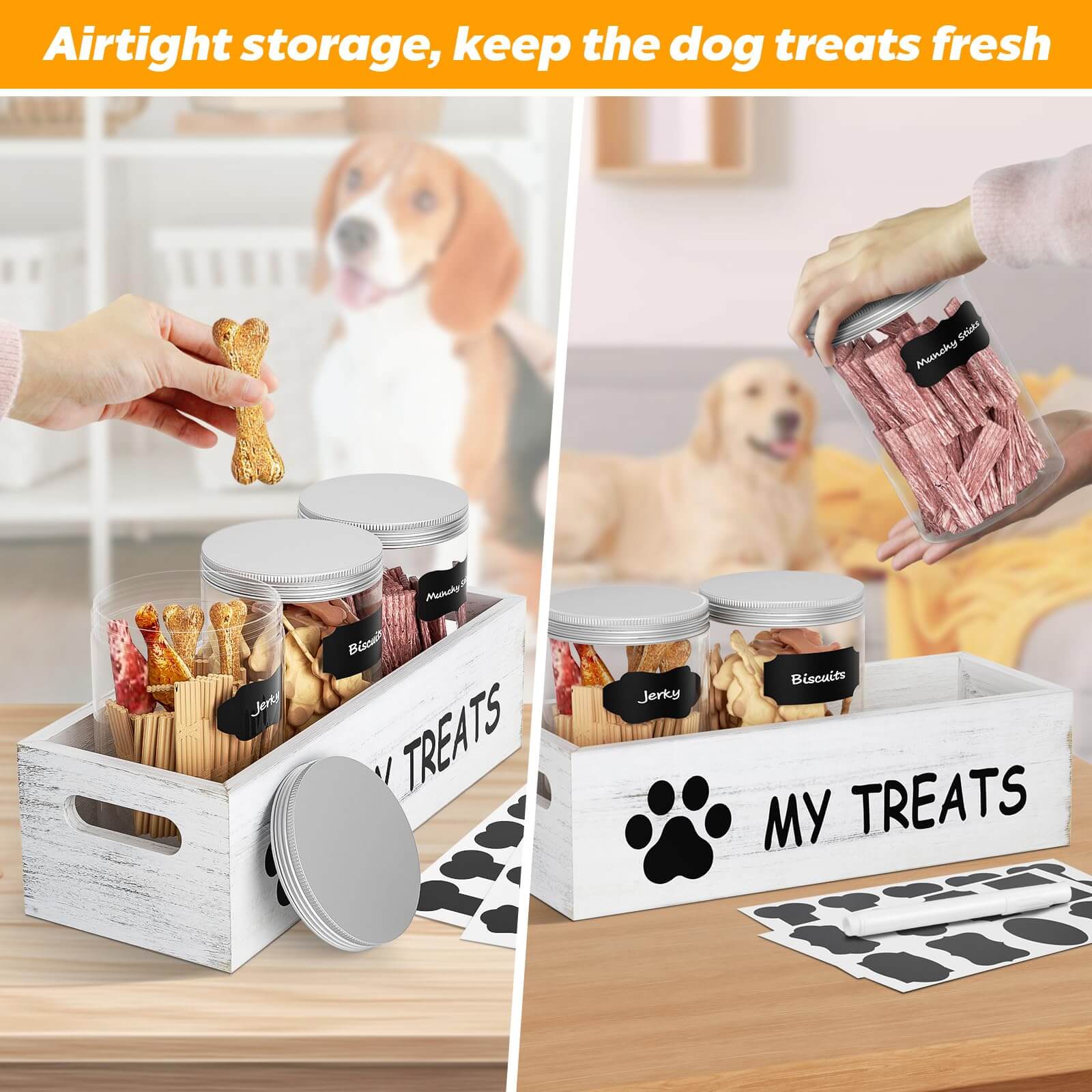 Dog Treat Container Set – 3-Jar Wooden Storage Box for Pet Snacks & Food