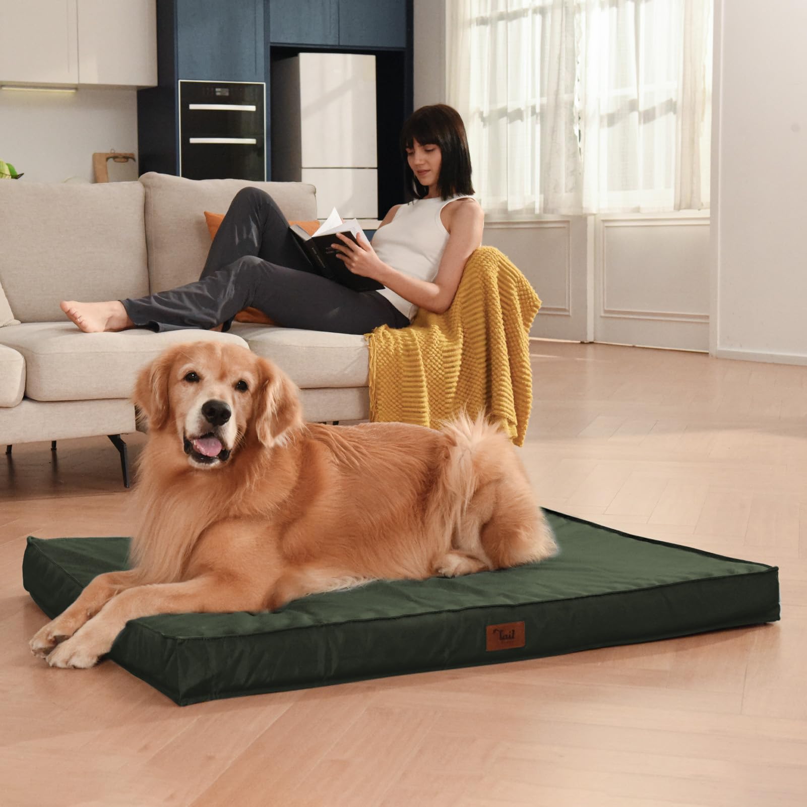 Tail Stories Outdoor All Weather Dog Crate Bed, Waterproof Dog Bed for Medium Dogs, Orthopedic Egg Foam Pet Bed with Removable Cooling Cover, Dark Green