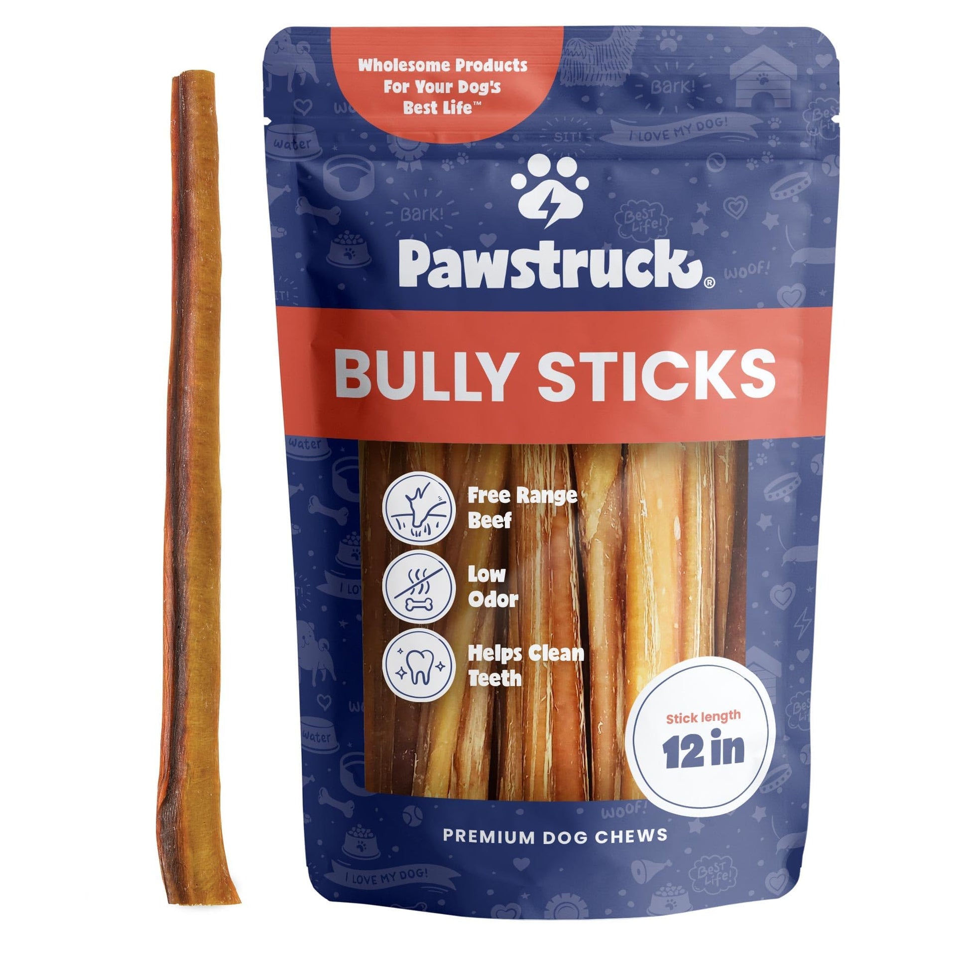Pawstruck Bully Sticks – 12” · 1 lb Bag All-Natural · Long-Lasting · 100% Real Beef