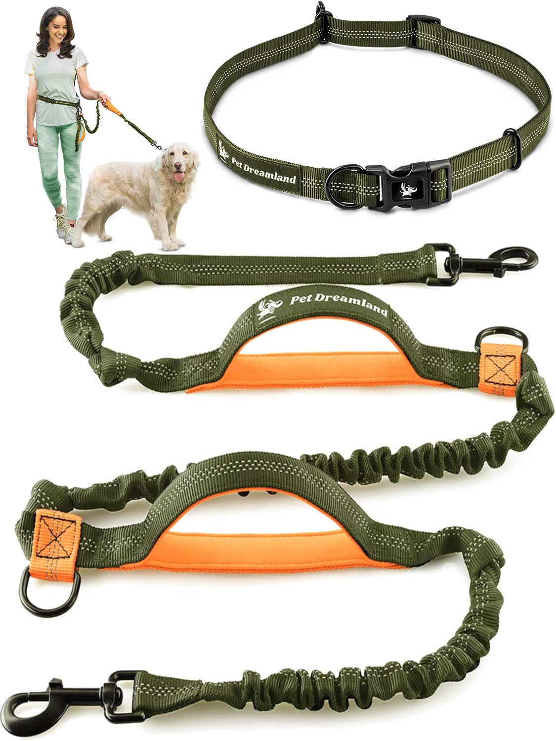 Pet Dreamland Hands-Free Dog Leash – Waist Belt Lead for Large Dogs (Khaki & Orange)