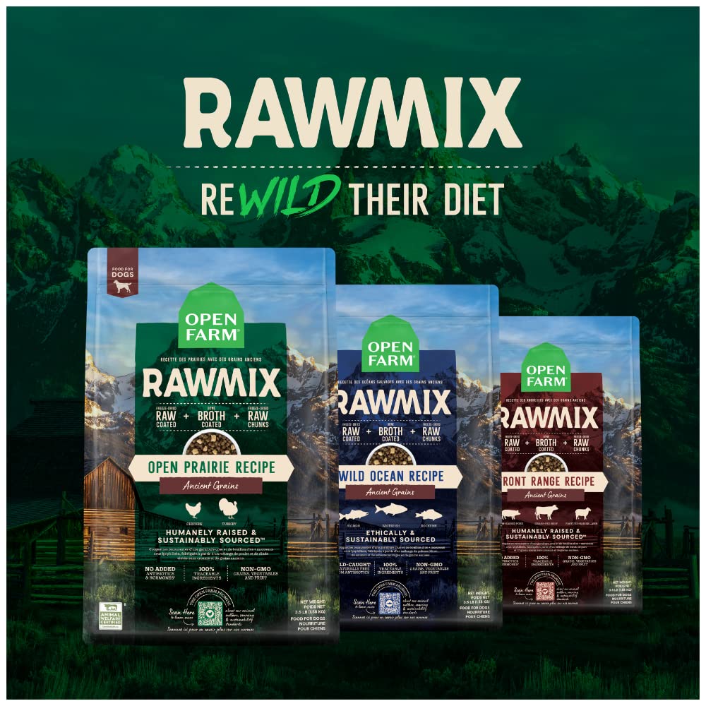 Open Farm Dog Food – 20 lb – RawMix Salmon, Whitefish & Rockfish Ancient Grains · Bone Broth Coated · Freeze-Dried Raw Chunks