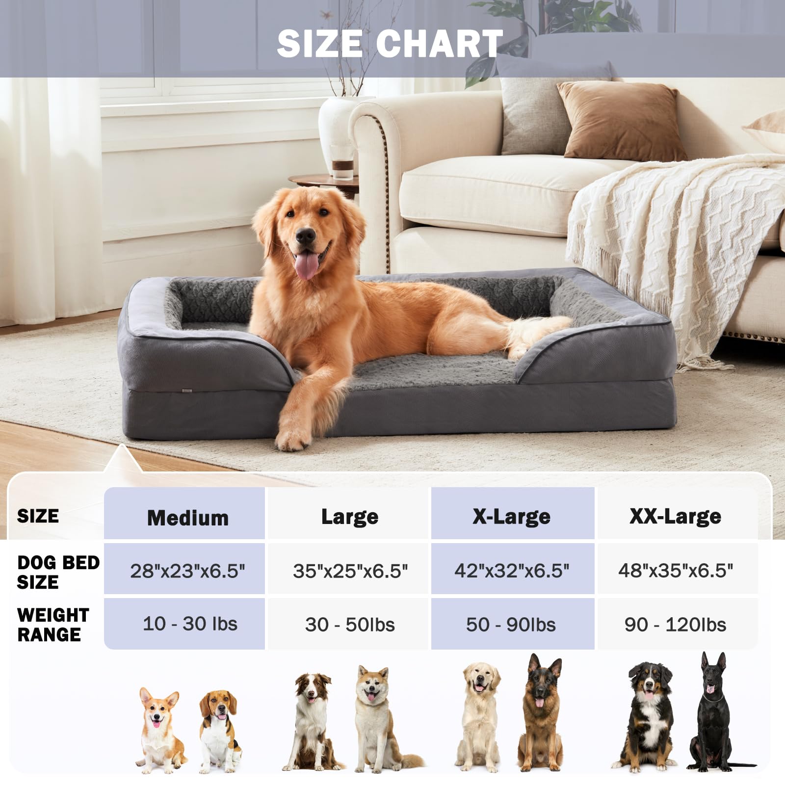Invenho Dog Bed – XXL – Orthopedic Egg-Crate Foam Waterproof · Washable Cover · Sofa Style with Nonskid Base