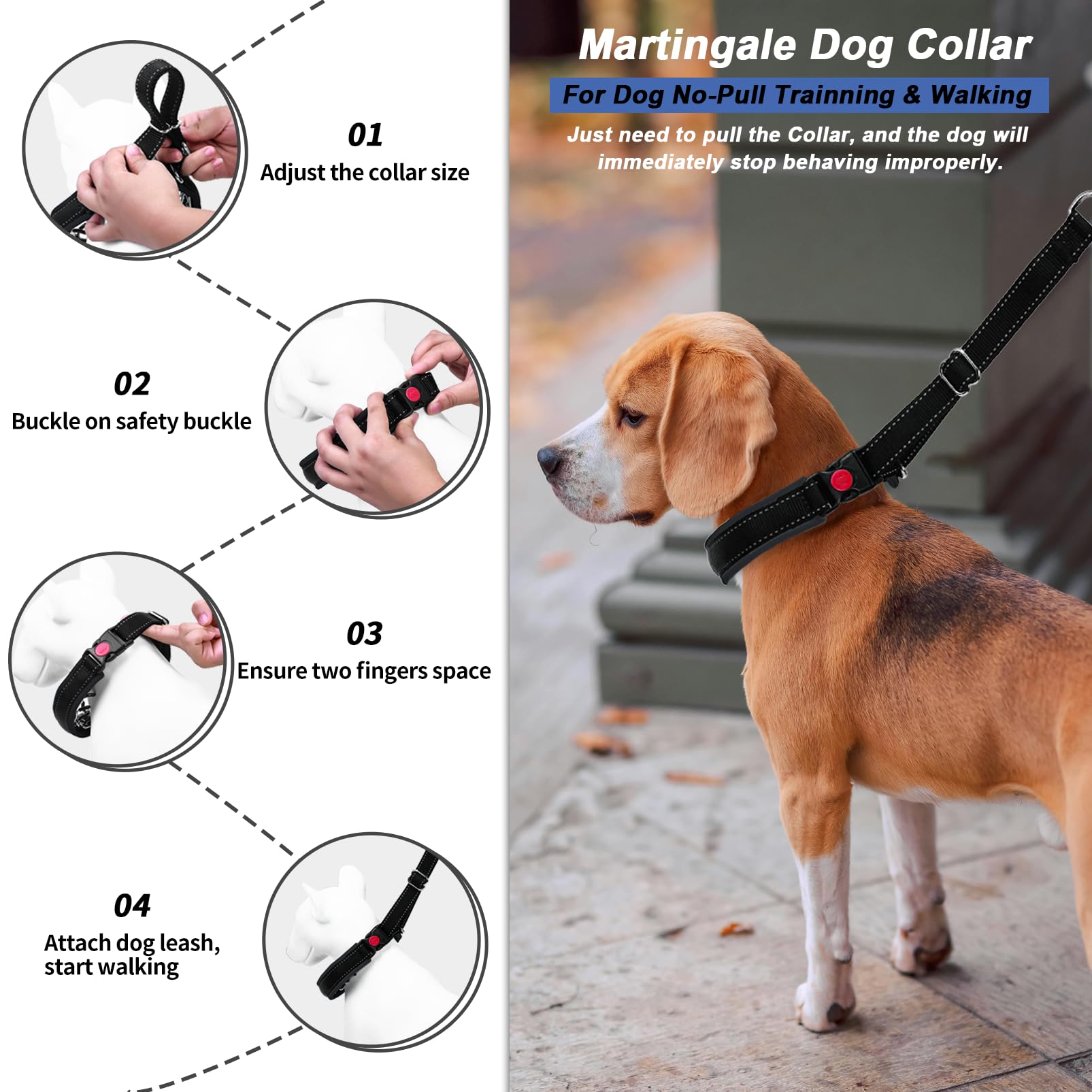 Monstoyo Martingale Dog Collar – Reflective No-Pull Training Collar with Buckle (Black, M)