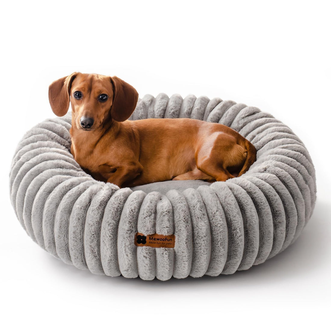MEWOOFUN Donut Dog Bed – Small, Fluffy, Calming, Washable, Non-Slip, Grey (25”)