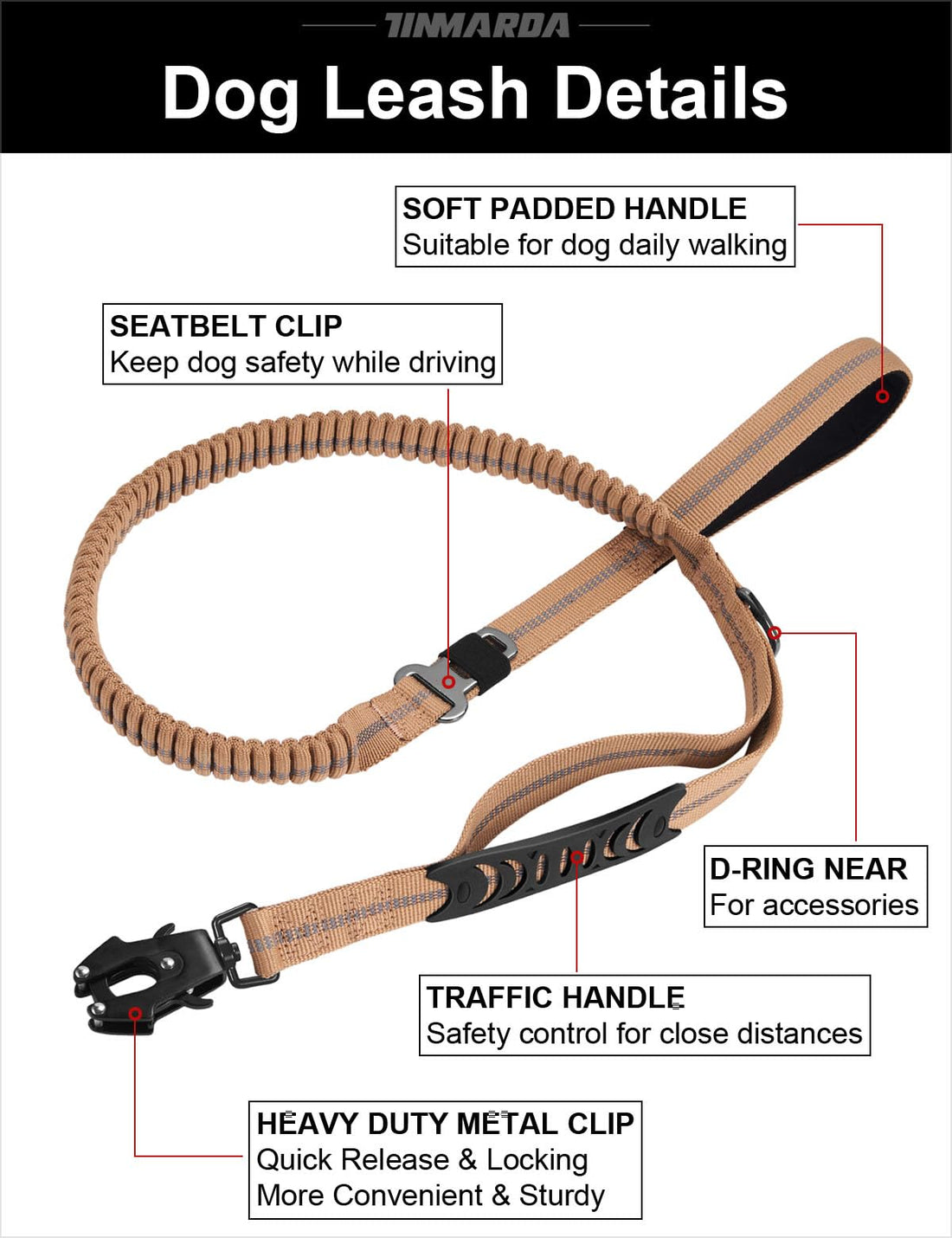 TINMARDA Shock-Absorbing Dog Leash – 4–6ft No-Pull Lead with Padded Handles & Metal Clip (Coyote Brown)