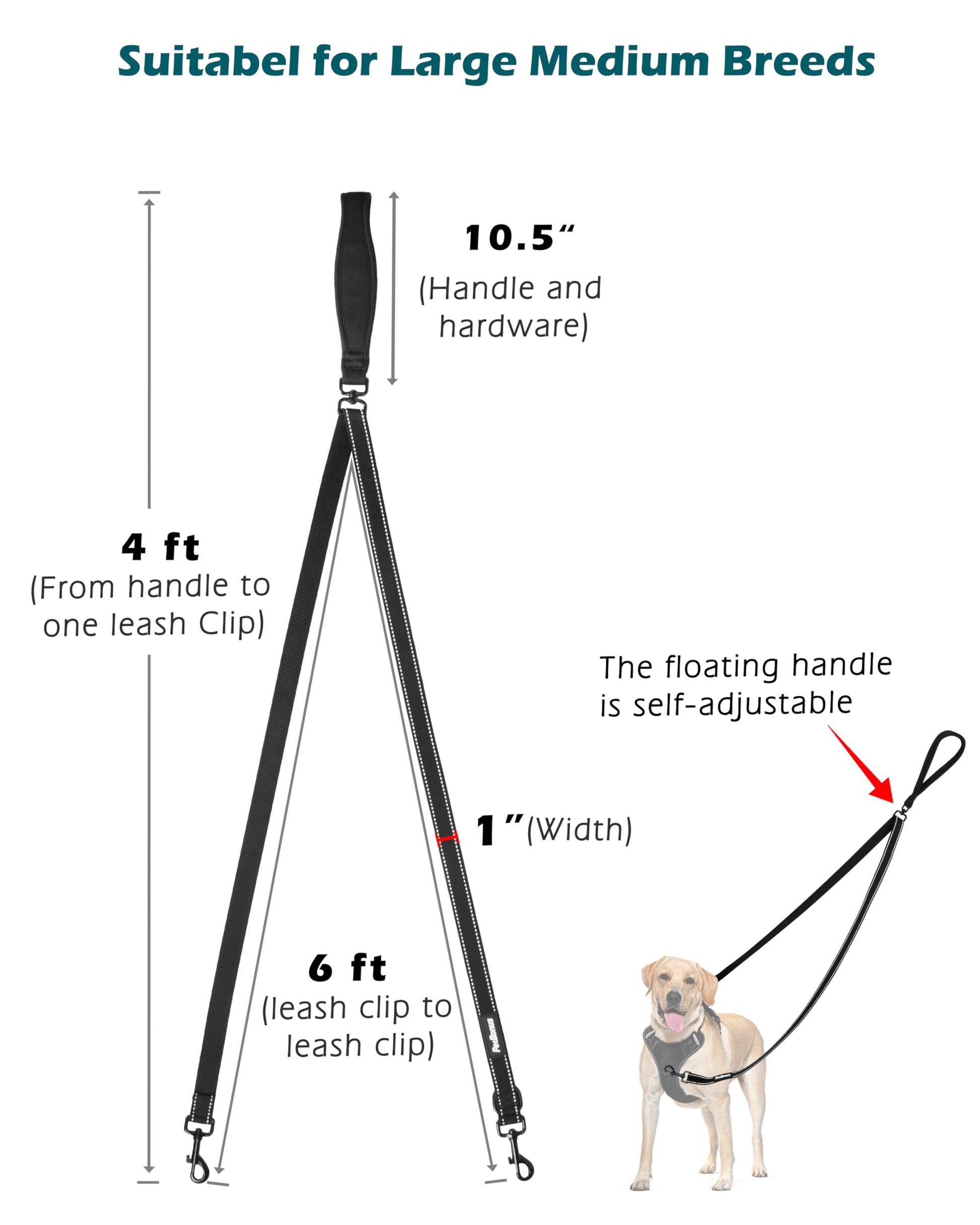 PetBonus Two-Point Control Dog Leash – No-Tangle Reflective Lead for Medium & Large Dogs (Black)