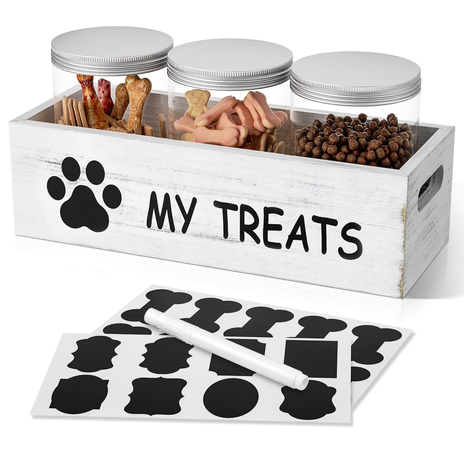 Dog Treat Container Set – 3-Jar Wooden Storage Box for Pet Snacks & Food