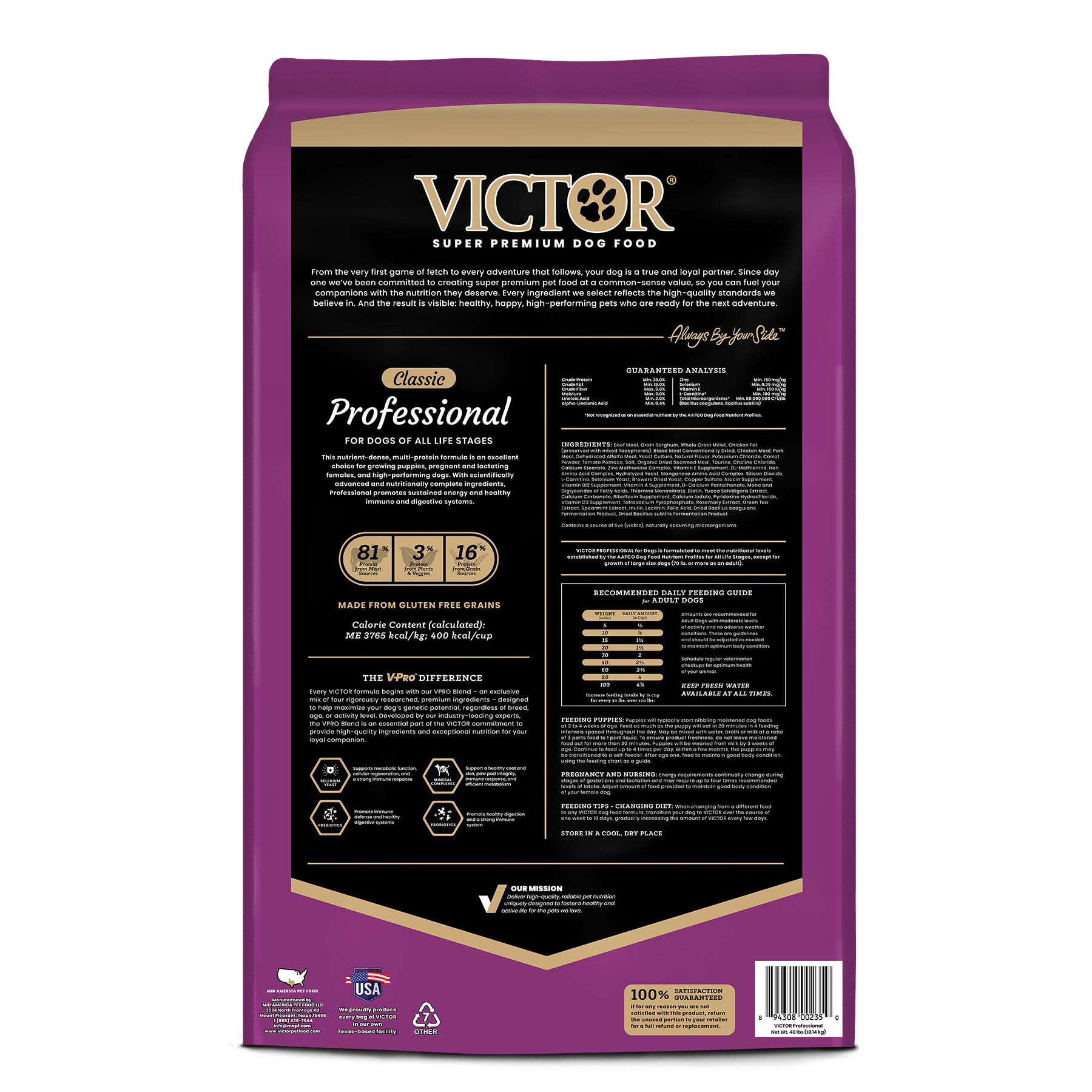 Victor Dog Food – 40 lb – Beef, Chicken & Pork Blend Premium Kibble · 26% Protein · For Active Dogs & Puppies