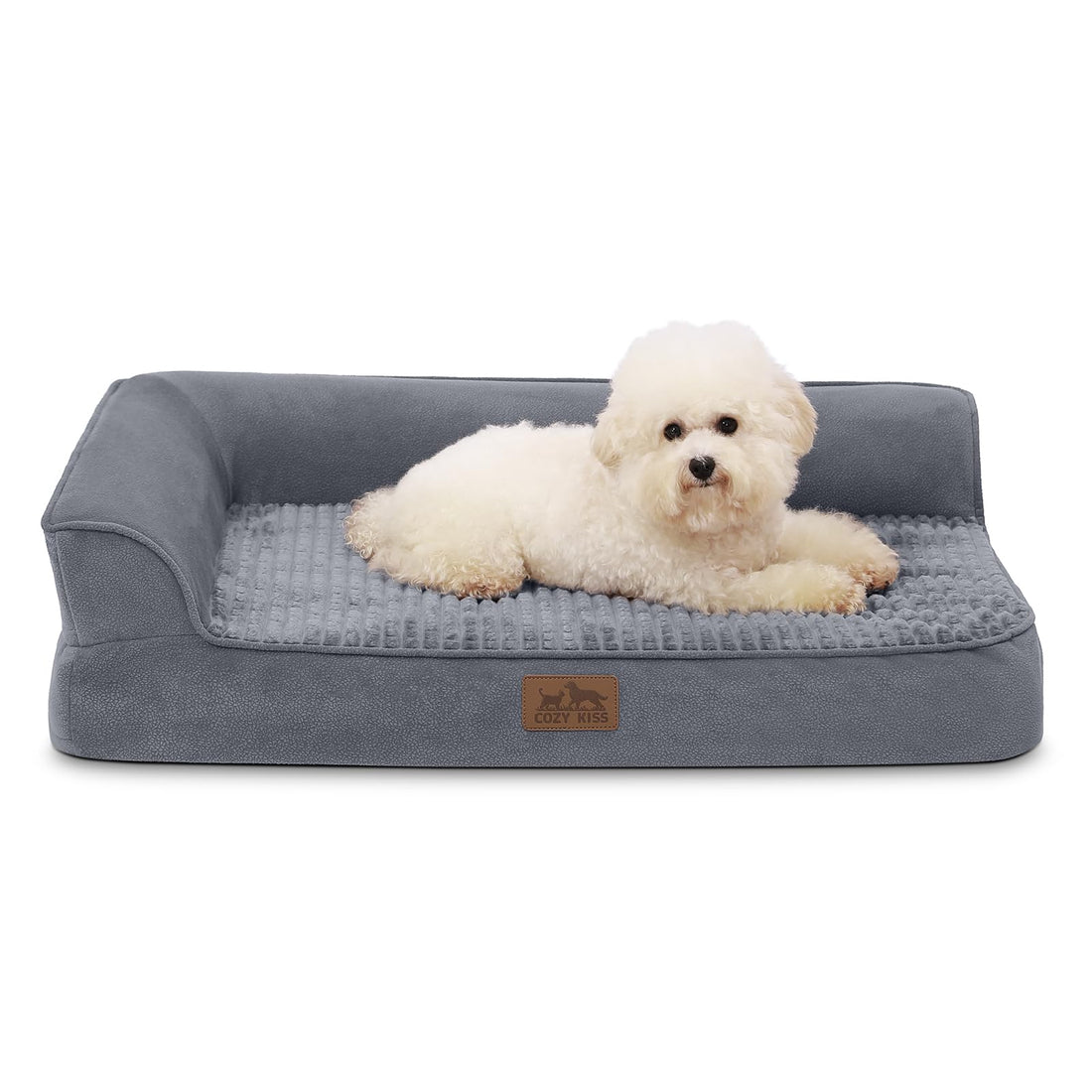 COZY KISS Orthopedic Dog Bed – Medium, L-Shape, Washable, Waterproof, Non-Slip, Grey (30”)