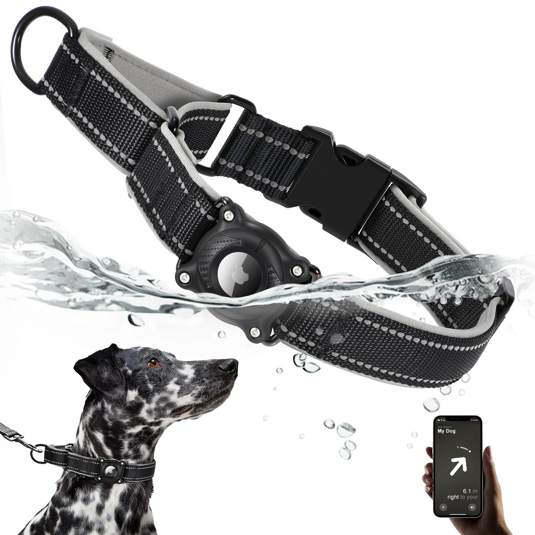 Airtag Dog Collar – Waterproof Reflective Martingale Collar with Padded Nylon & Holder