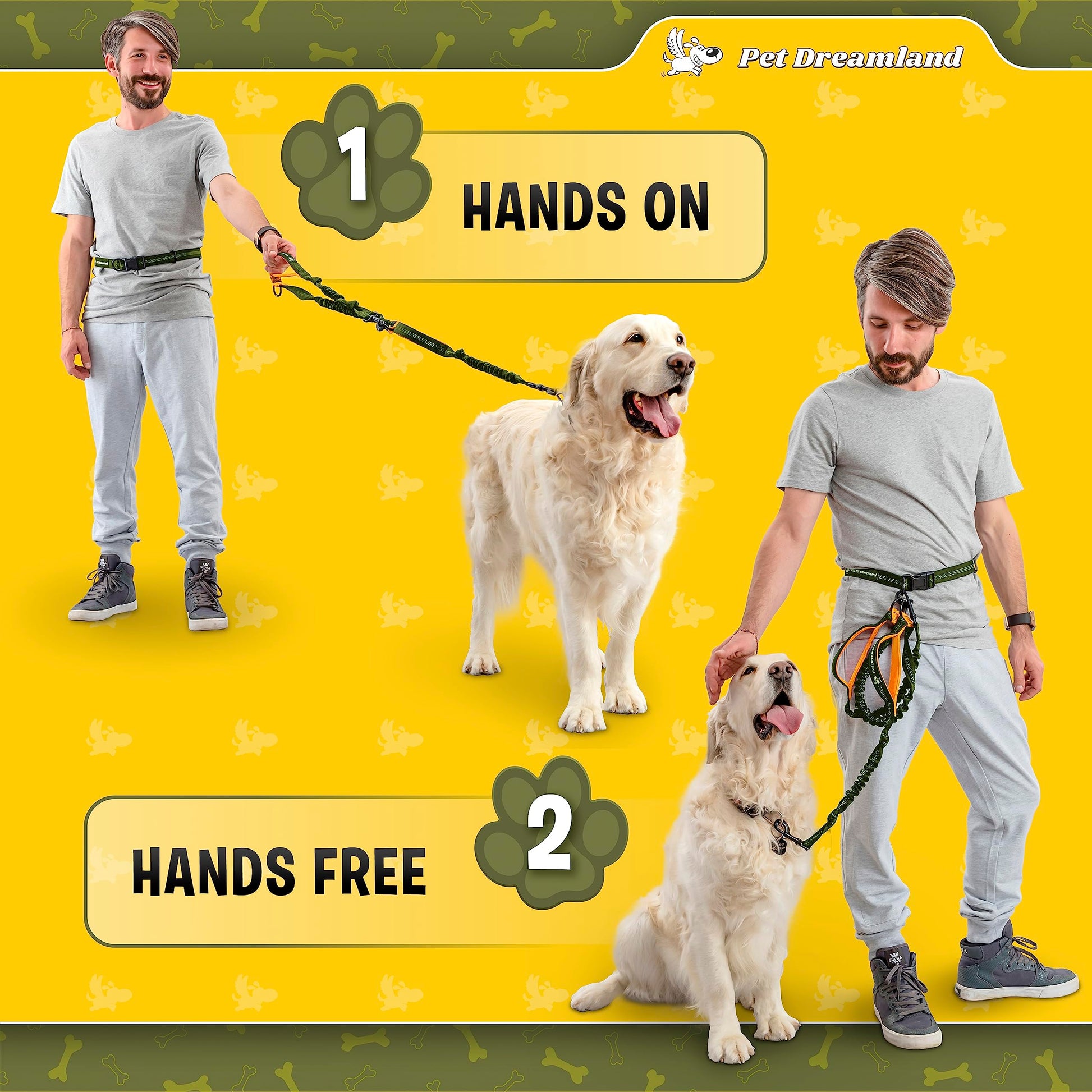 Pet Dreamland Hands-Free Dog Leash – Waist Belt Lead for Large Dogs (Khaki & Orange)