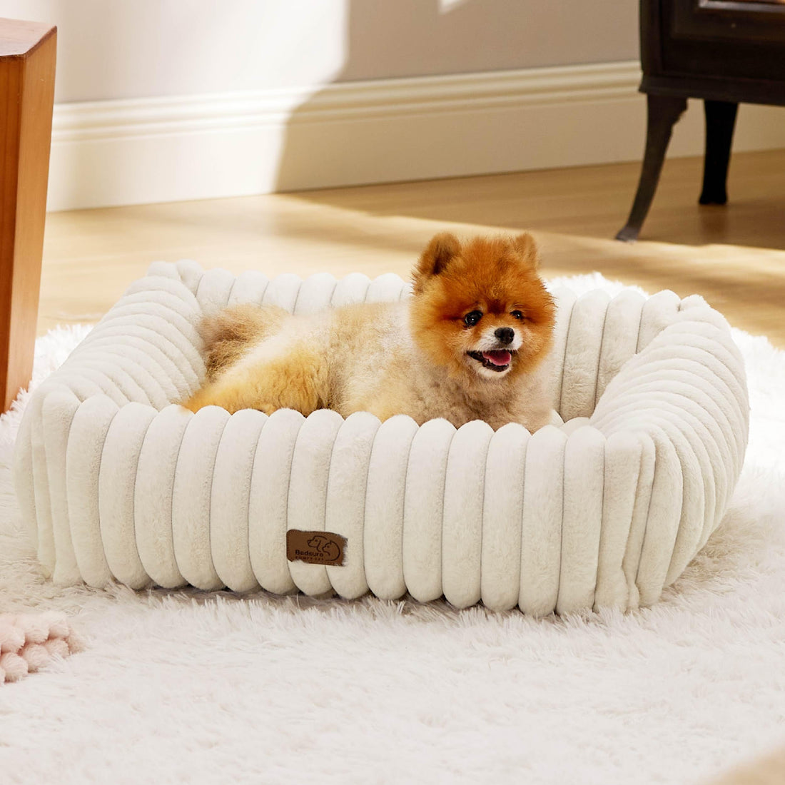 Bedsure Orthopedic Dog Bed – Small, Furry, Washable, Corduroy Fleece, Cream (25”)