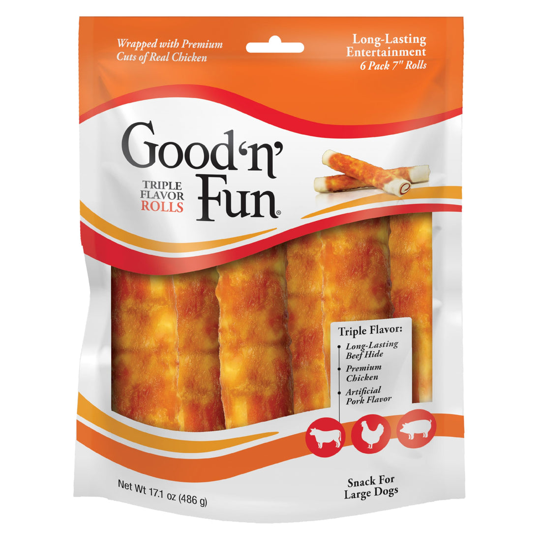 Good ‘n’ Fun Triple Flavor Rolls – 6 Count Beef Hide · Chicken · Pork Flavor · Long-Lasting Chew