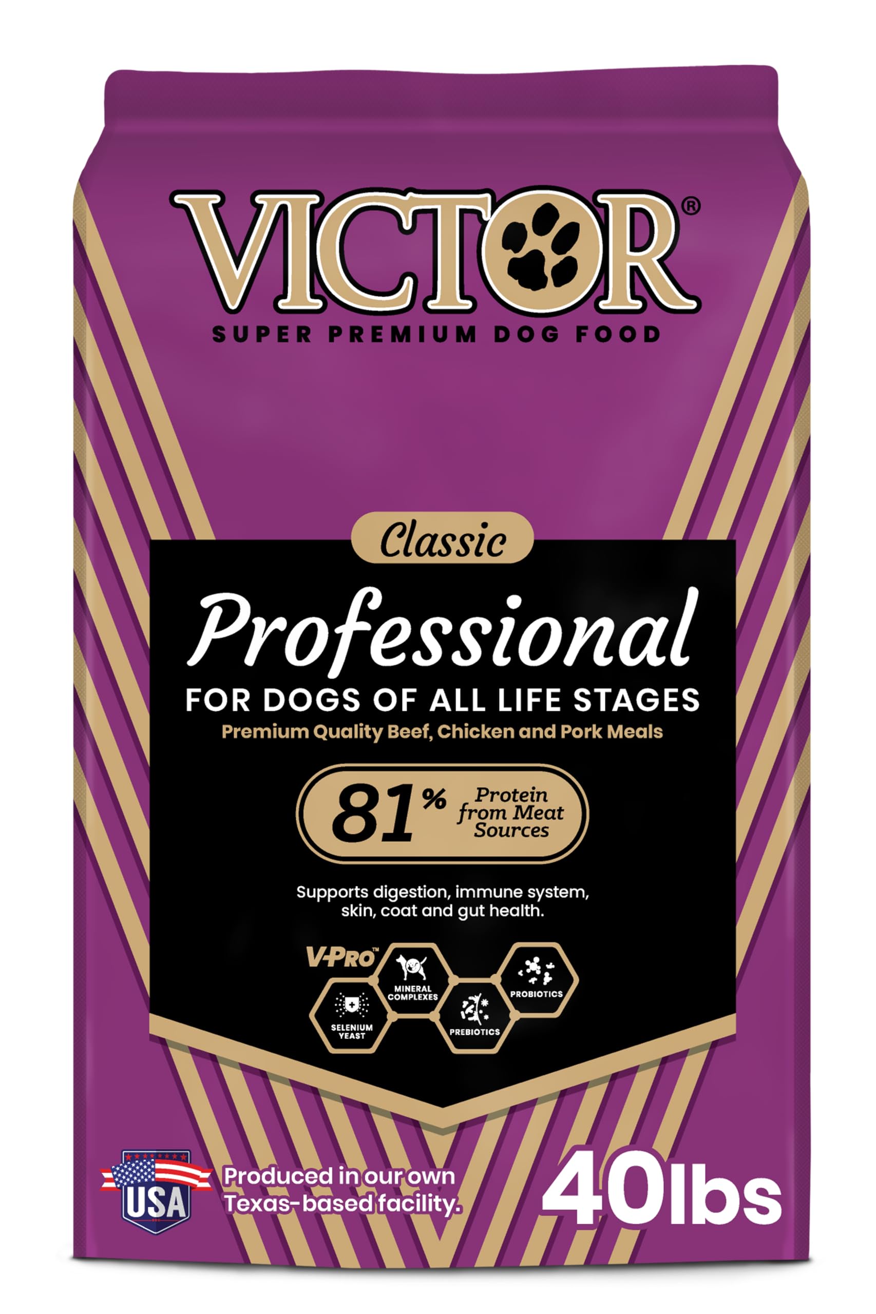 Victor Dog Food – 40 lb – Beef, Chicken & Pork Blend Premium Kibble · 26% Protein · For Active Dogs & Puppies