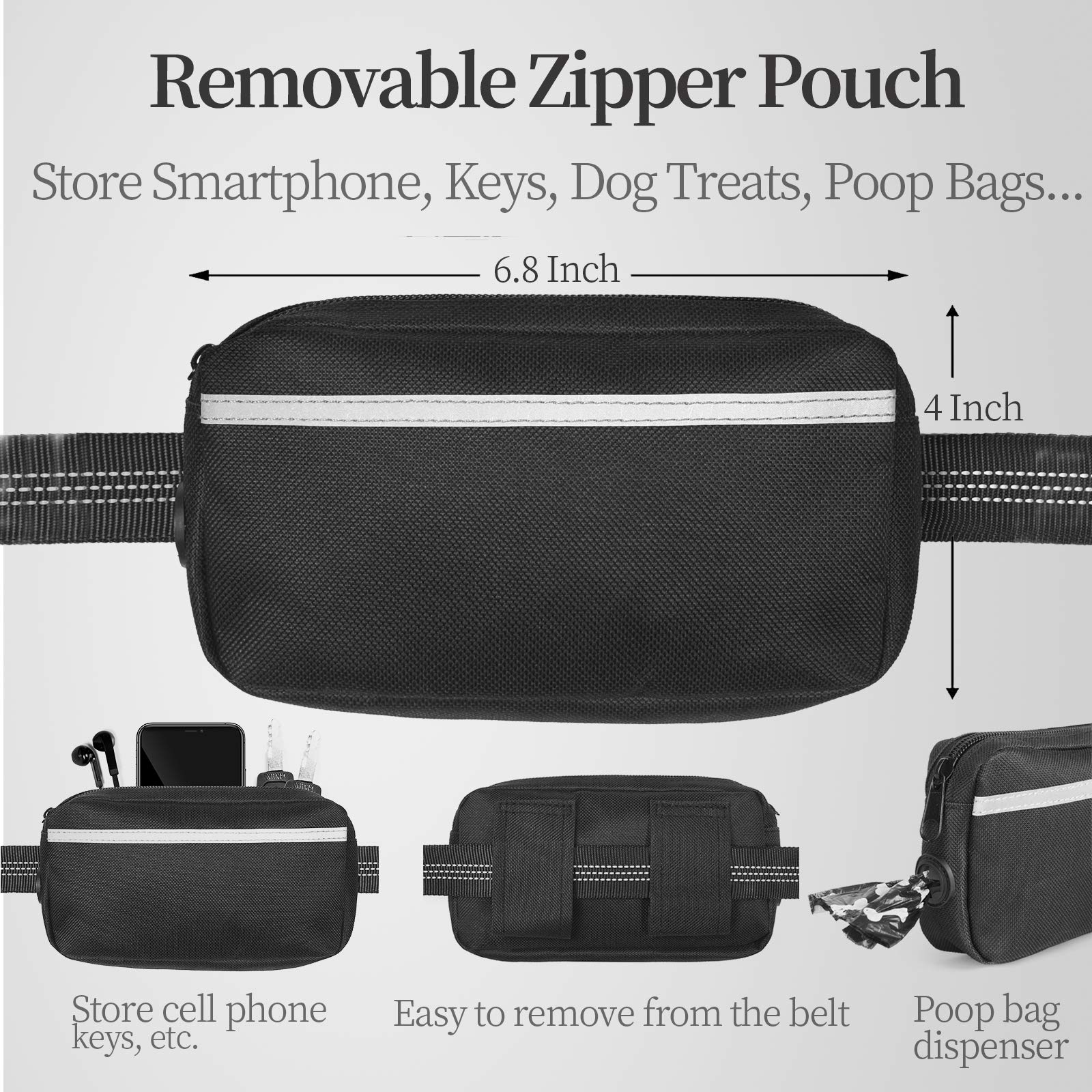iYoShop Hands-Free Dog Leash – Bungee Lead with Zipper Pouch & Dual Padded Handles (Black, Large 25–120 lbs)