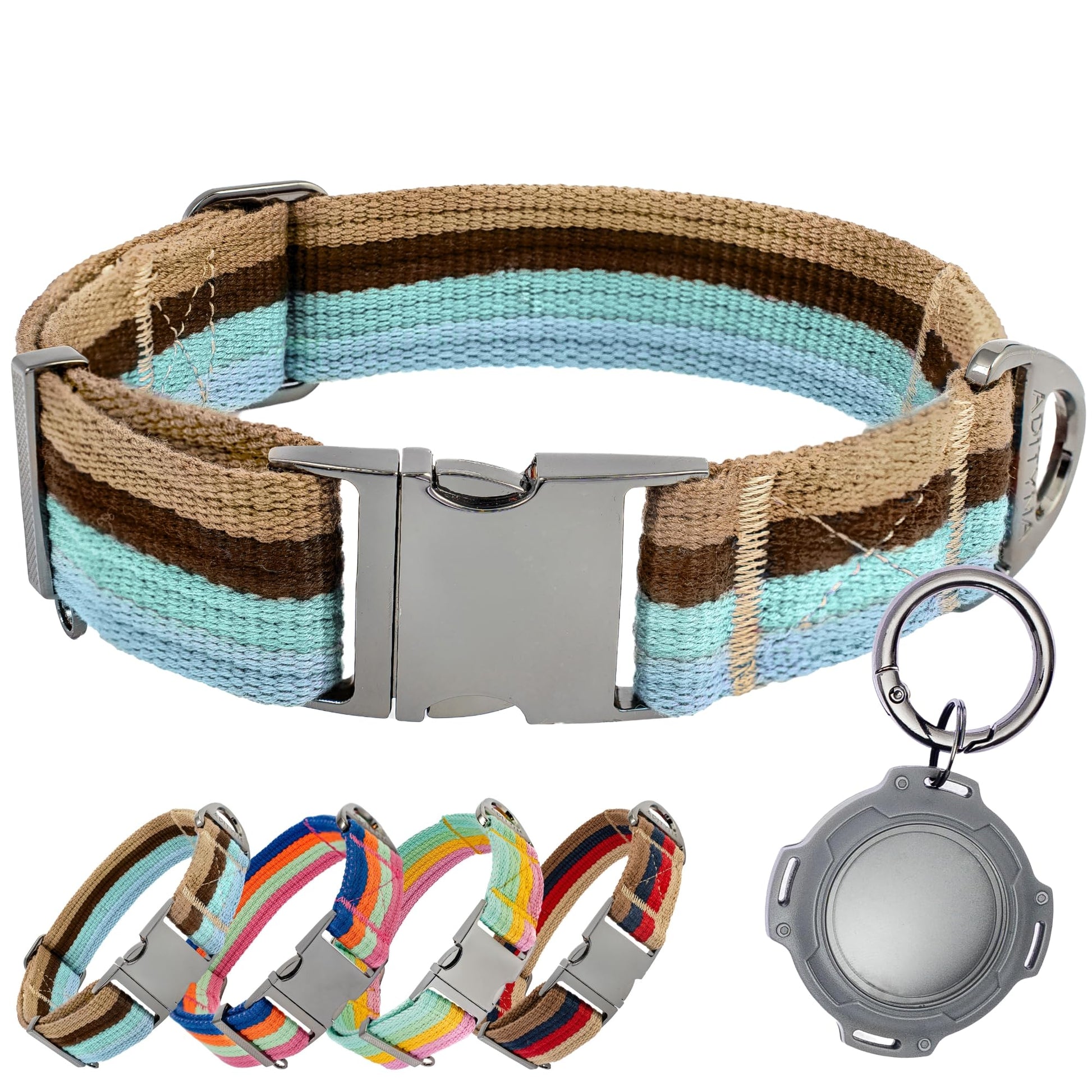 ADITYNA Cotton Dog Collar – With AirTag Holder & Metal Buckle (Ocean Breeze, 15–21”)