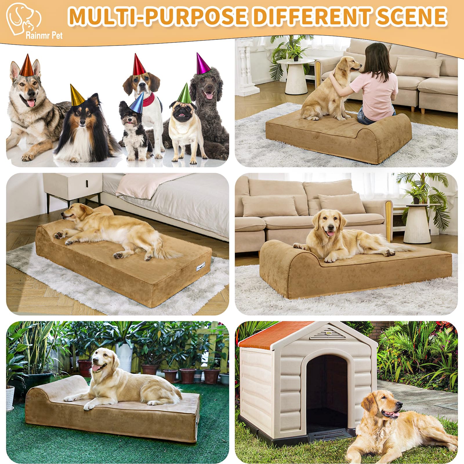 Rainmr Dog Bed – Large – 7” Orthopedic Memory Foam Washable Cover · Waterproof Liner · Indoor/Outdoor/Car Use