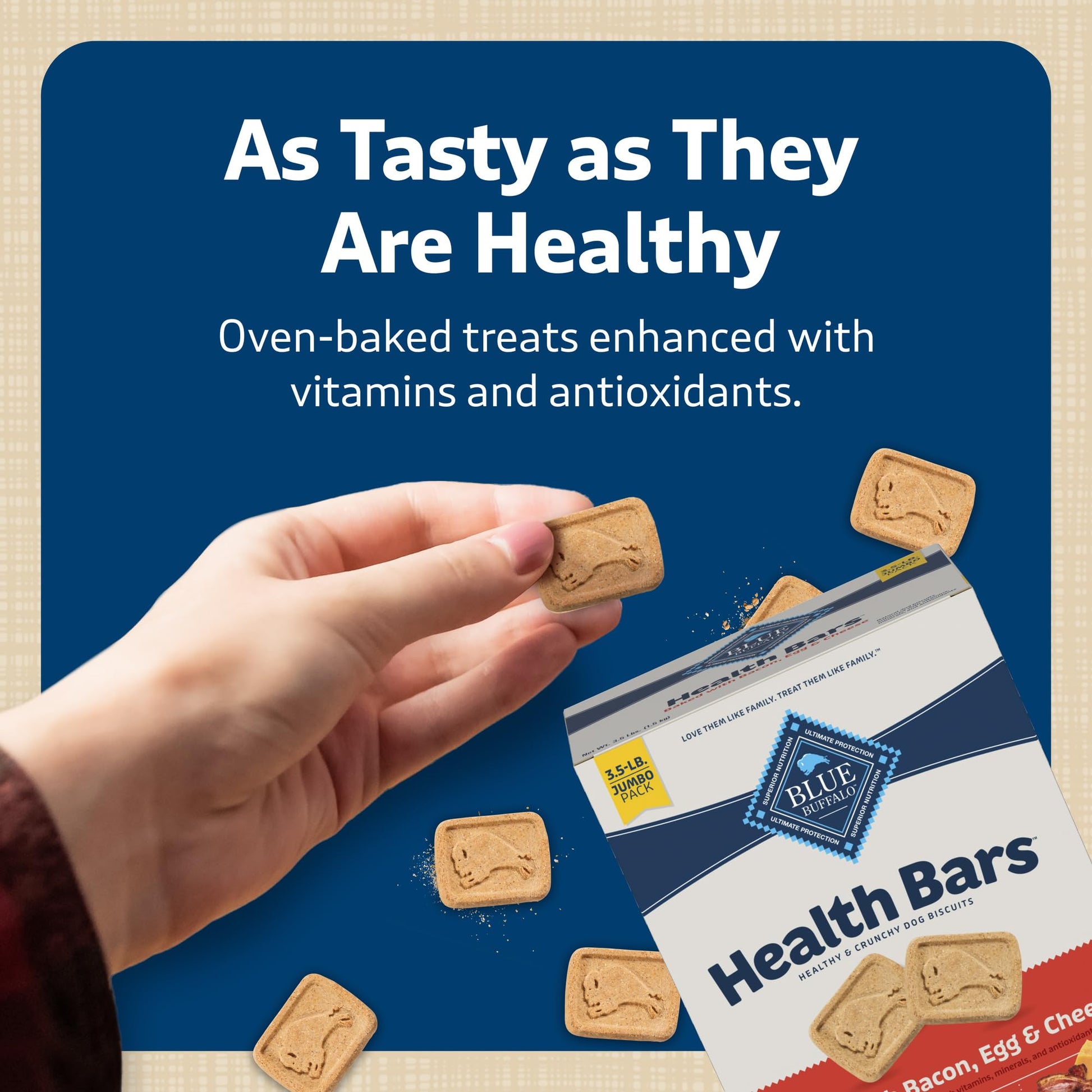 Blue Buffalo Health Bars – 3 lb – Bacon, Egg & Cheese Oven-Baked · Crunchy Biscuits · Natural Ingredients