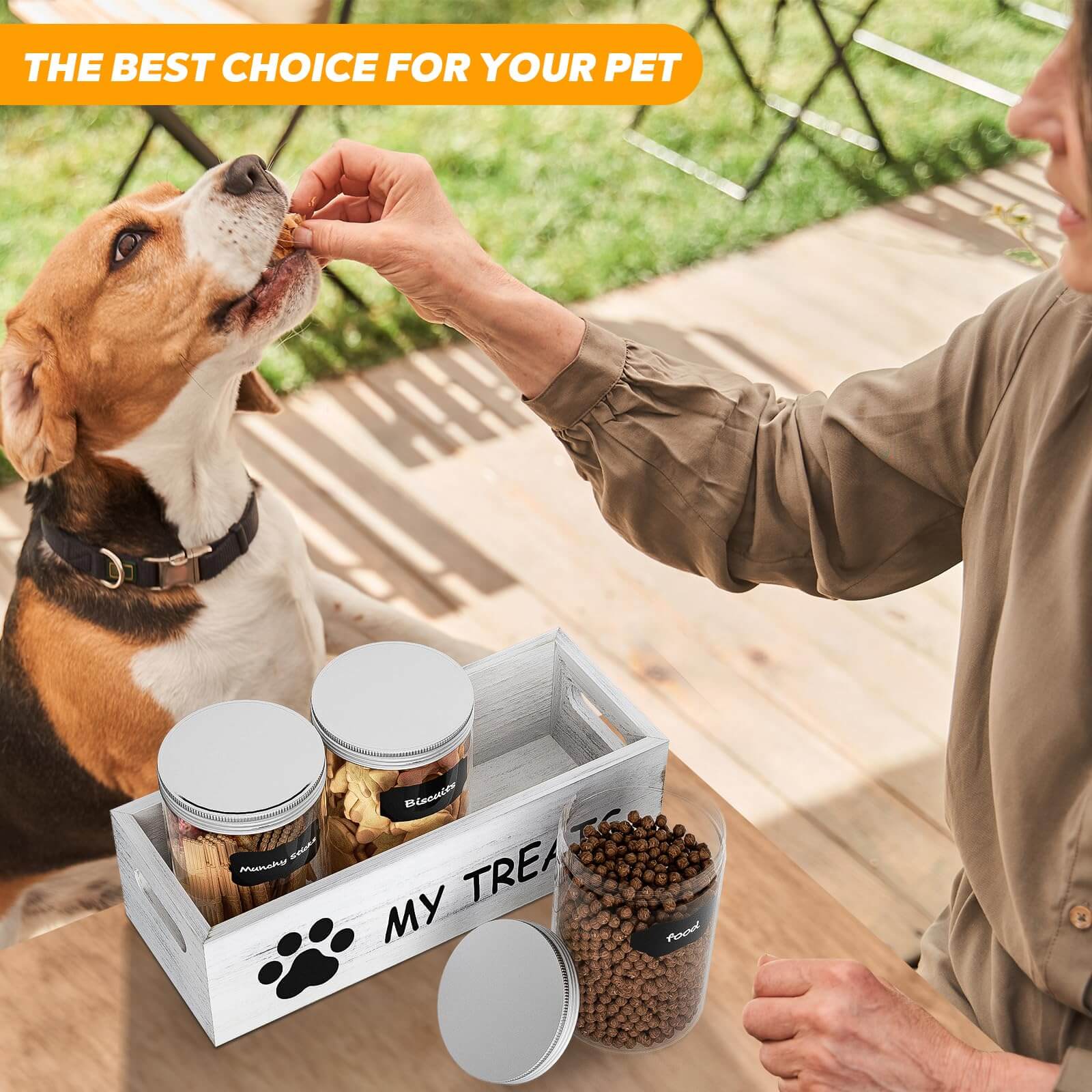 Dog Treat Container Set – 3-Jar Wooden Storage Box for Pet Snacks & Food