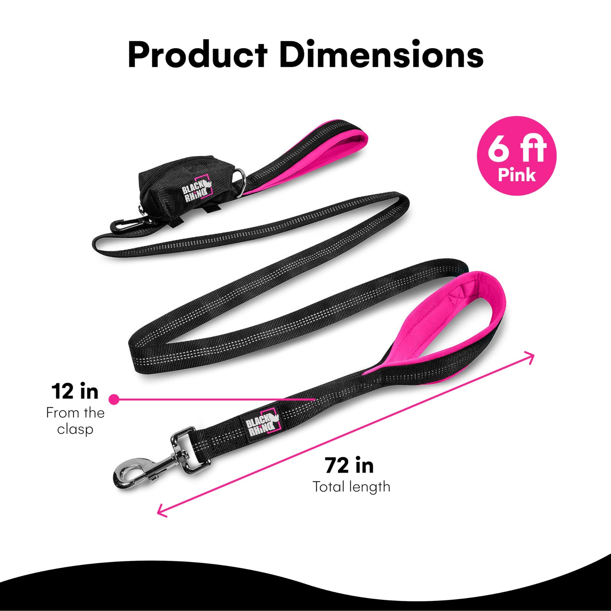 Black Rhino Heavy-Duty Dog Leash – 6ft Double Handle Lead with Padded Traffic Grip (Pink)