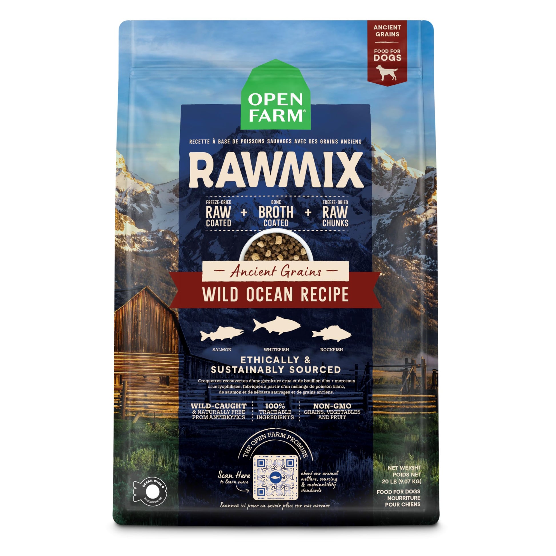 Open Farm Dog Food – 20 lb – RawMix Salmon, Whitefish & Rockfish Ancient Grains · Bone Broth Coated · Freeze-Dried Raw Chunks