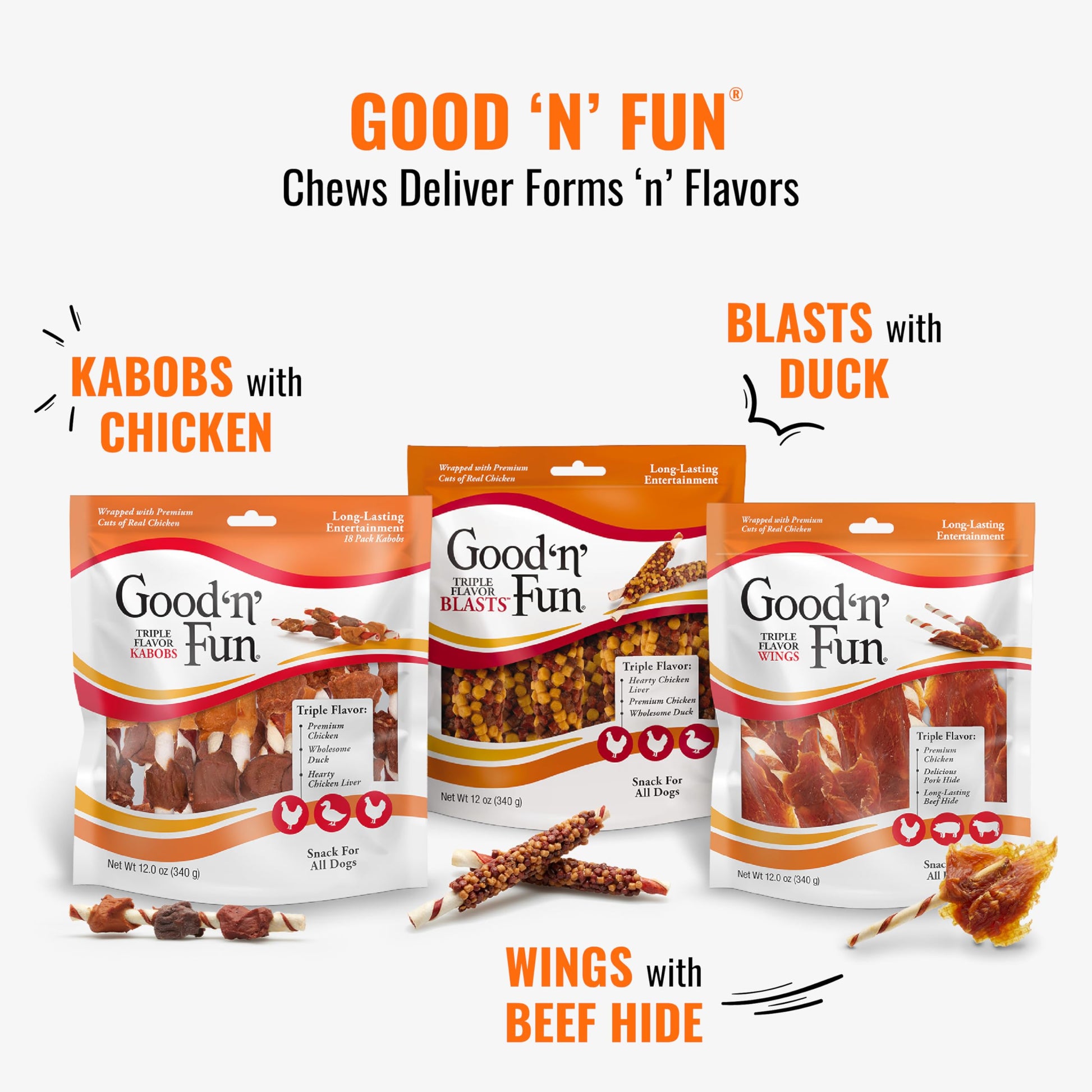 Good ‘n’ Fun Triple Flavor Rolls – 6 Count Beef Hide · Chicken · Pork Flavor · Long-Lasting Chew