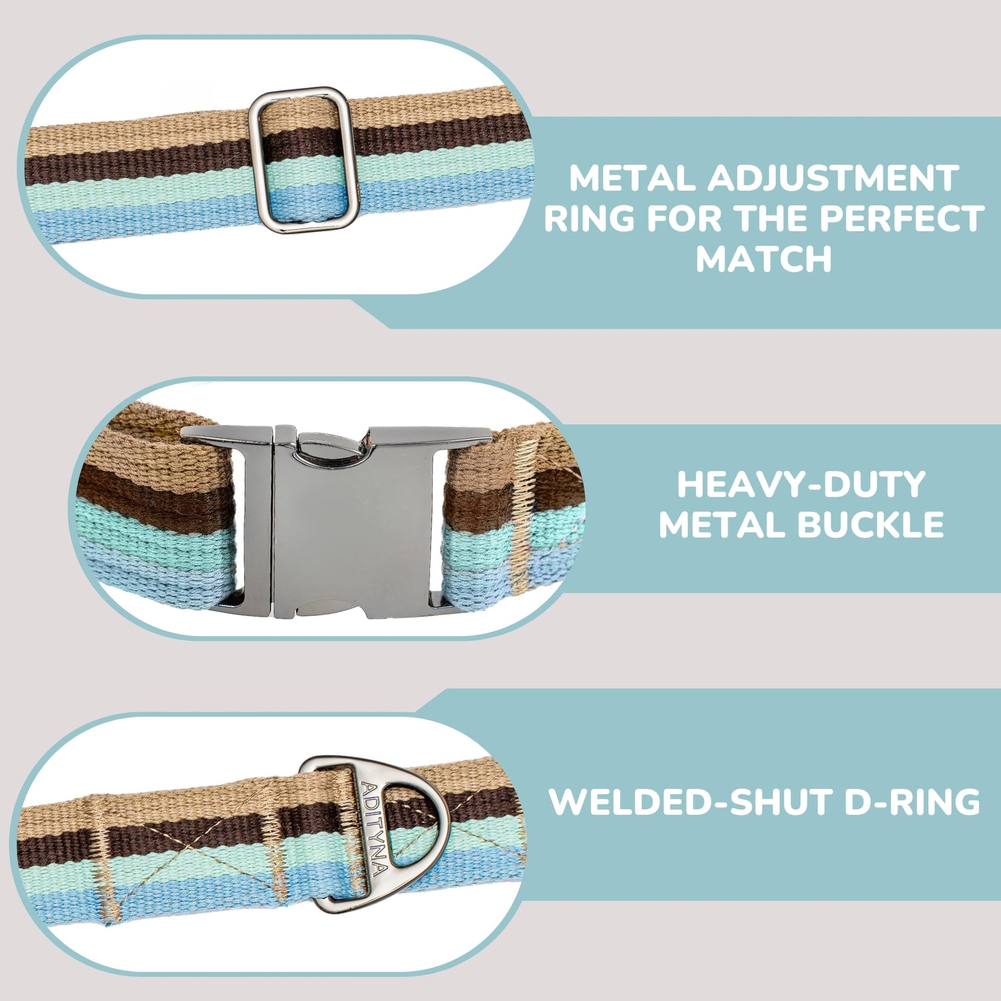ADITYNA Cotton Dog Collar – With AirTag Holder & Metal Buckle (Ocean Breeze, 15–21”)