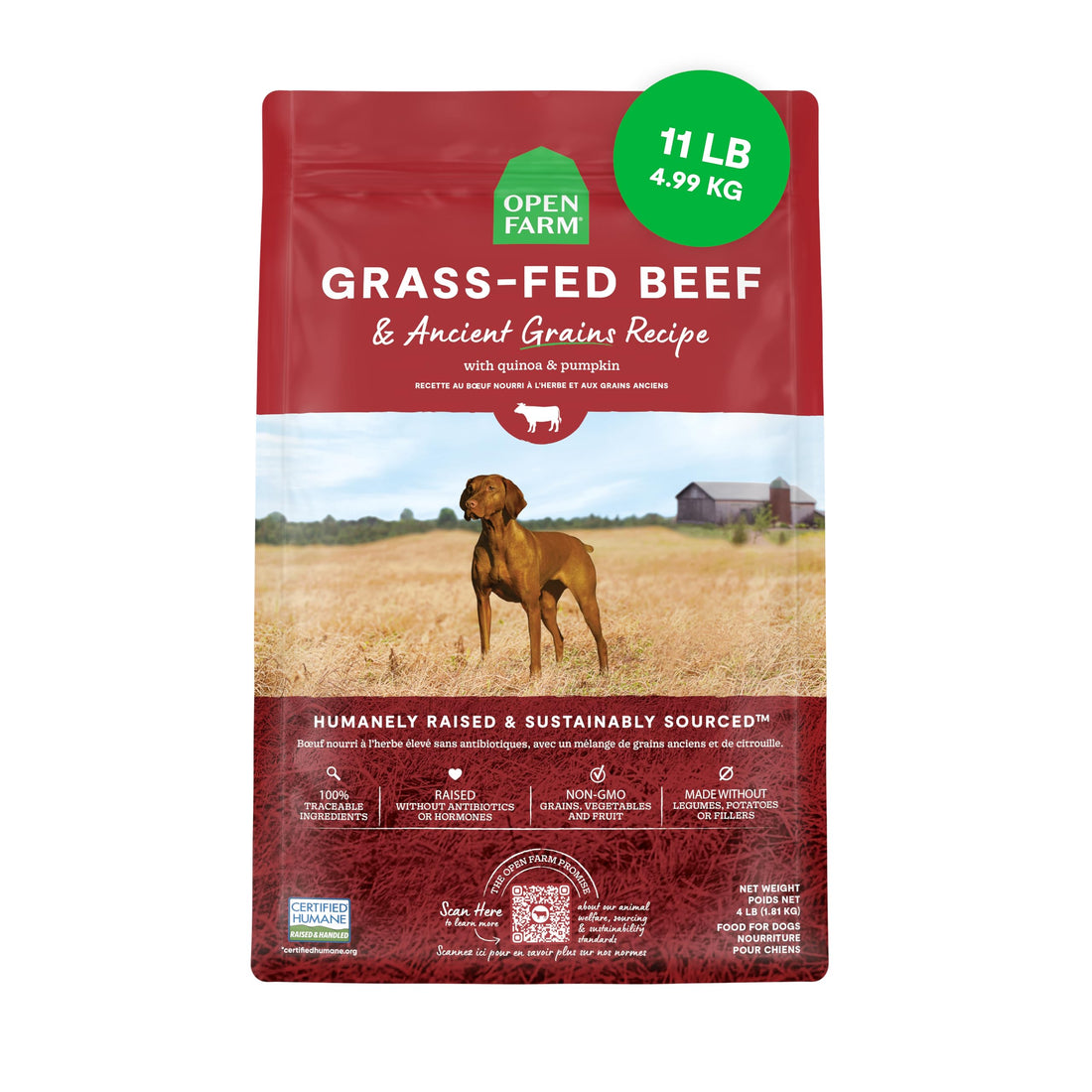 Open Farm Dog Food – 11 lb – Grass-Fed Beef & Grains 90% Animal Protein · Non-GMO Superfoods