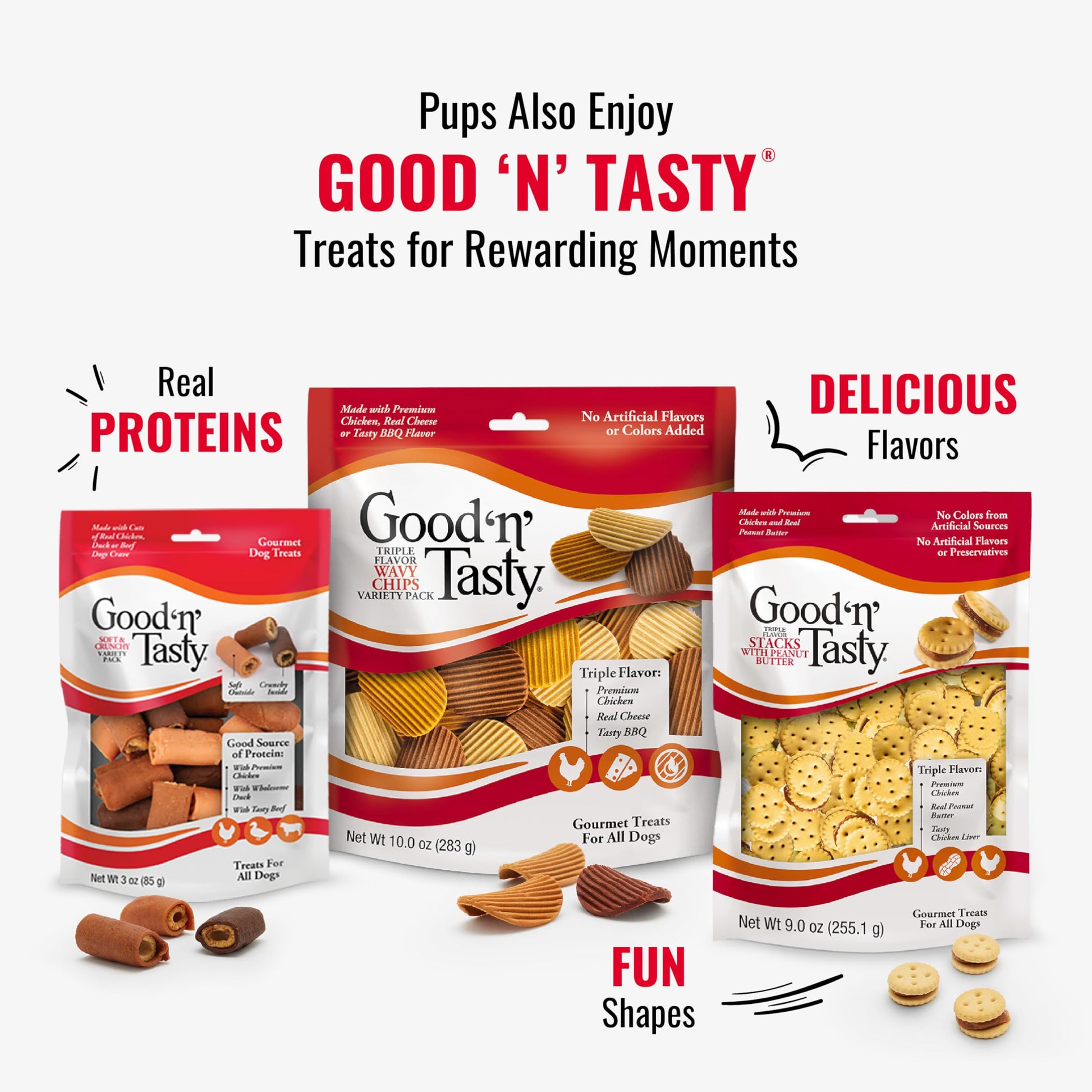Good ‘n’ Fun Triple Flavor Rolls – 6 Count Beef Hide · Chicken · Pork Flavor · Long-Lasting Chew