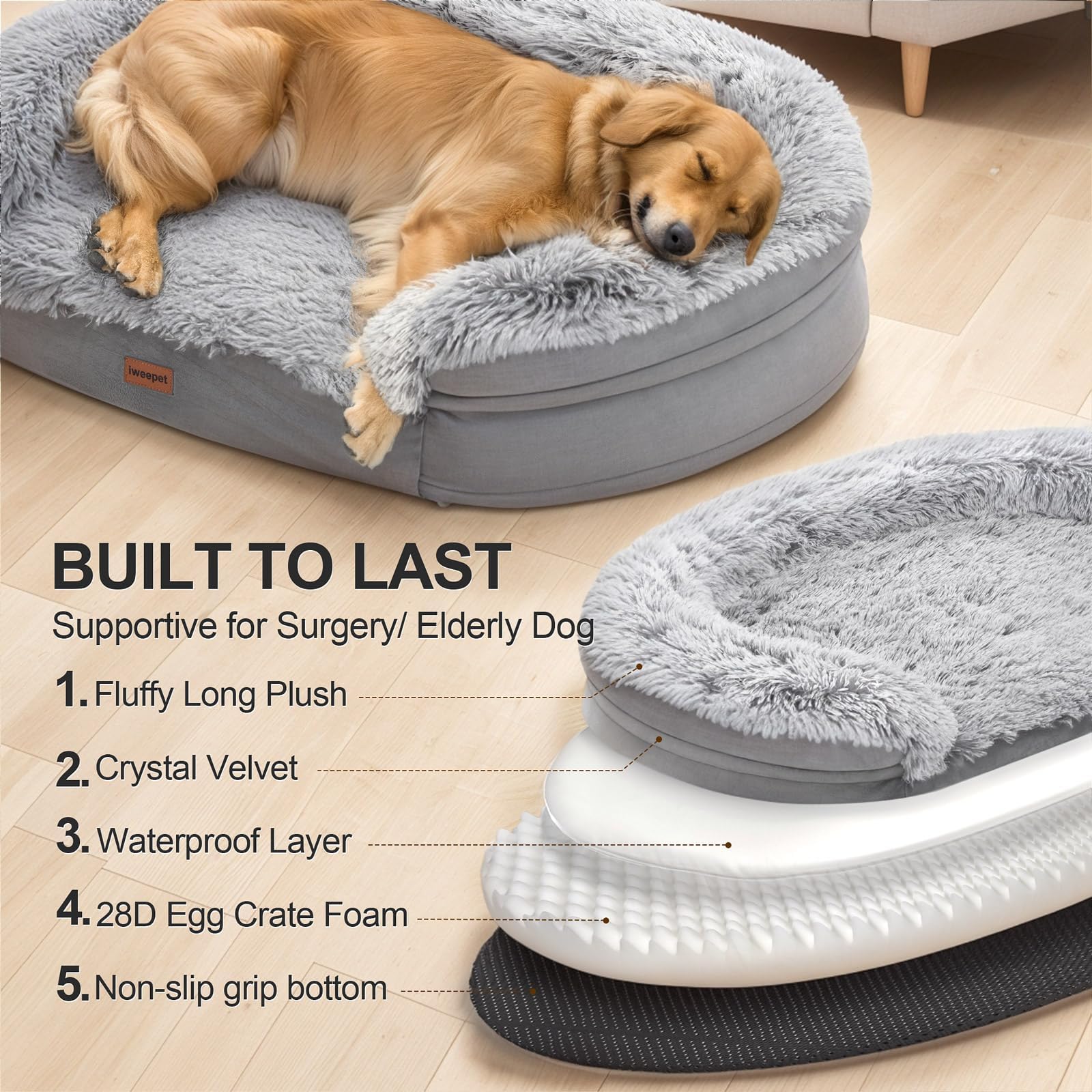 Orthopedic Dog Bed – XL – 3.7” Thick Egg-Crate Foam Joint Support · Washable Cover · Ideal for Seniors & Recovery