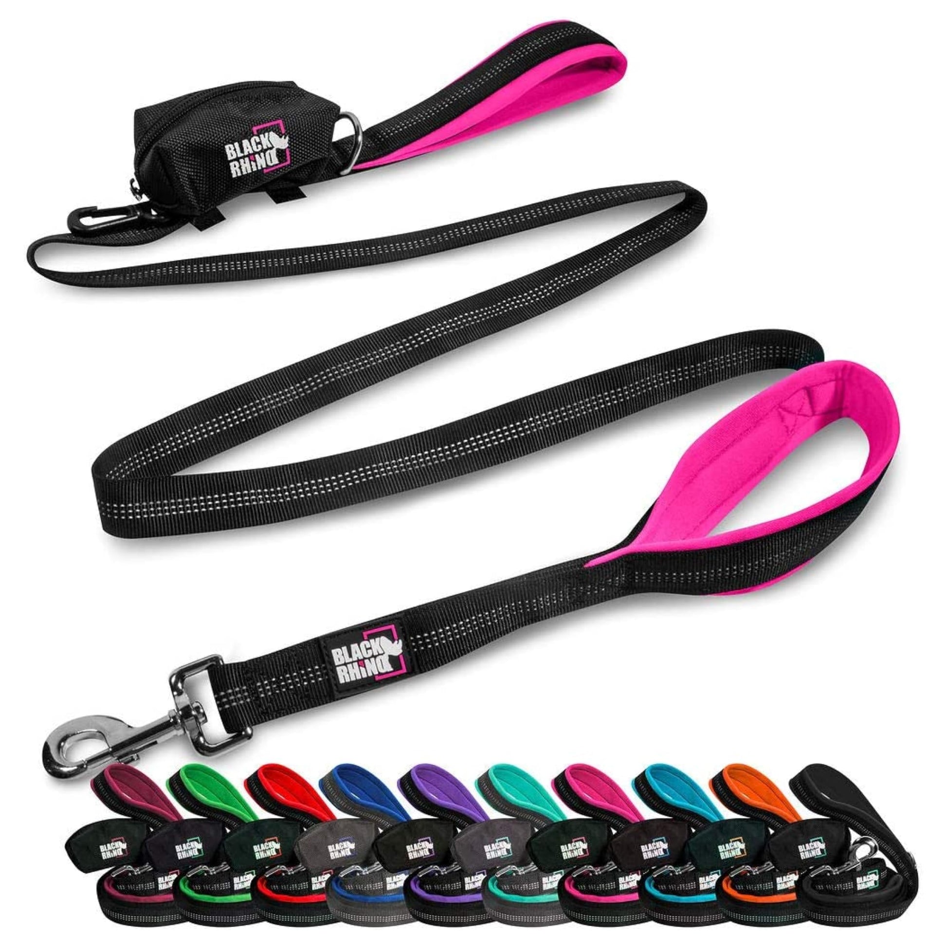 Black Rhino Heavy-Duty Dog Leash – 6ft Double Handle Lead with Padded Traffic Grip (Pink)