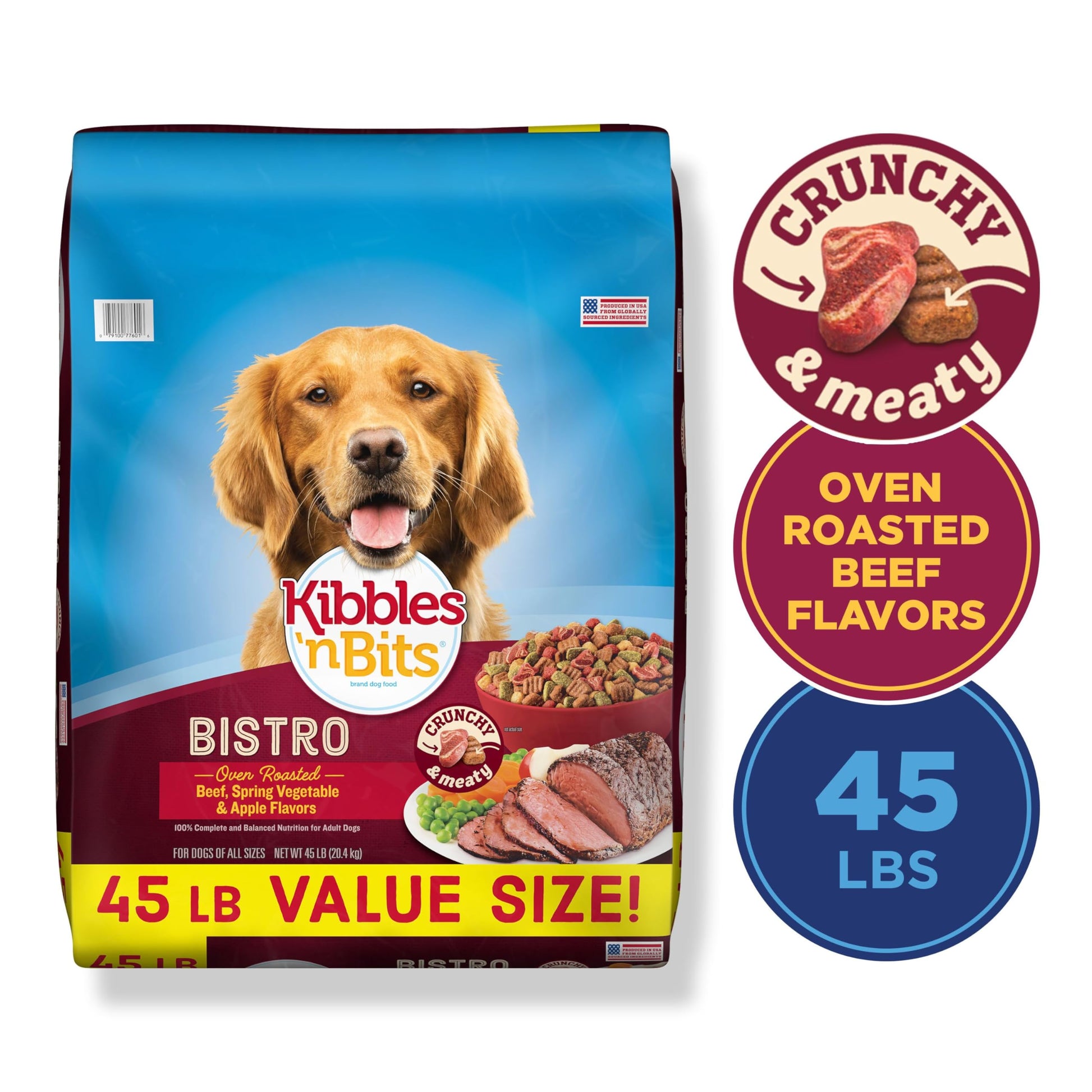 Kibbles 'n Bits Bistro Dry Dog Food, Oven Roasted Beef, Spring Vegetable & Apple Flavors for Adult Dogs, 45 lb. Bag