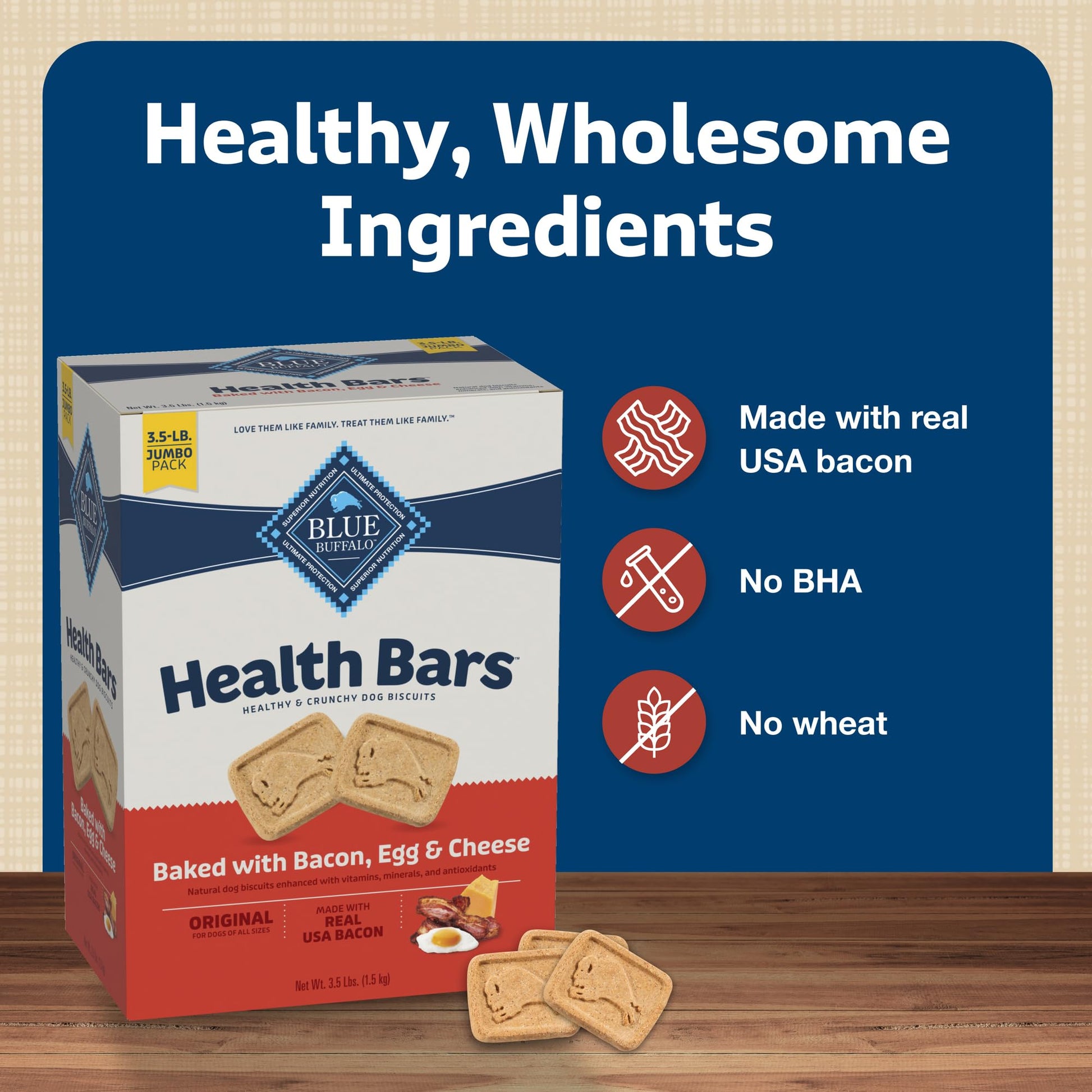 Blue Buffalo Health Bars – 3 lb – Bacon, Egg & Cheese Oven-Baked · Crunchy Biscuits · Natural Ingredients