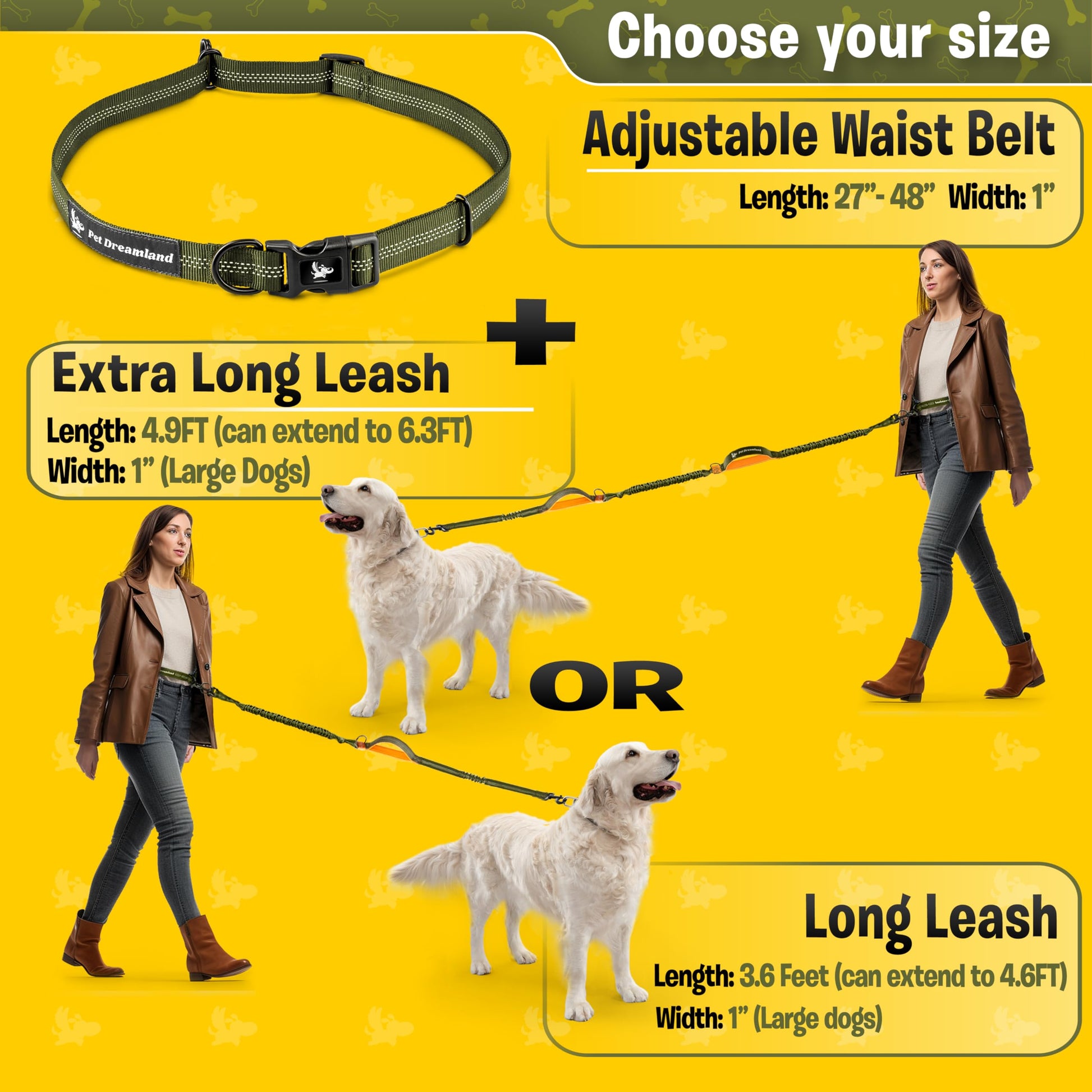 Pet Dreamland Hands-Free Dog Leash – Waist Belt Lead for Large Dogs (Khaki & Orange)