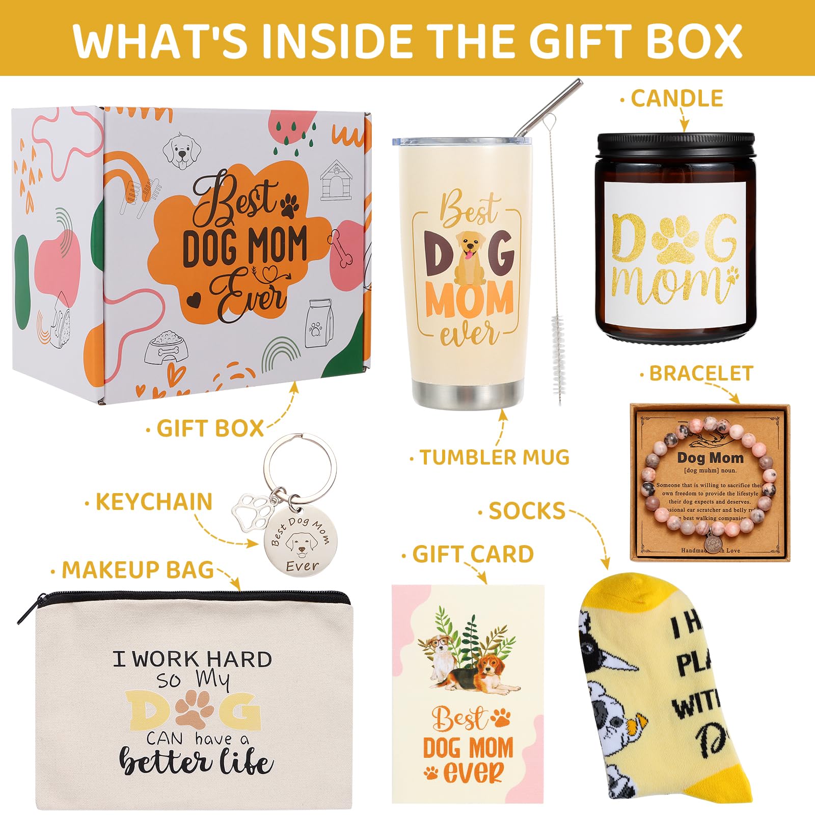 Dog Mom Gift Basket – Tumbler, Candle, Socks & Accessories Set for Women