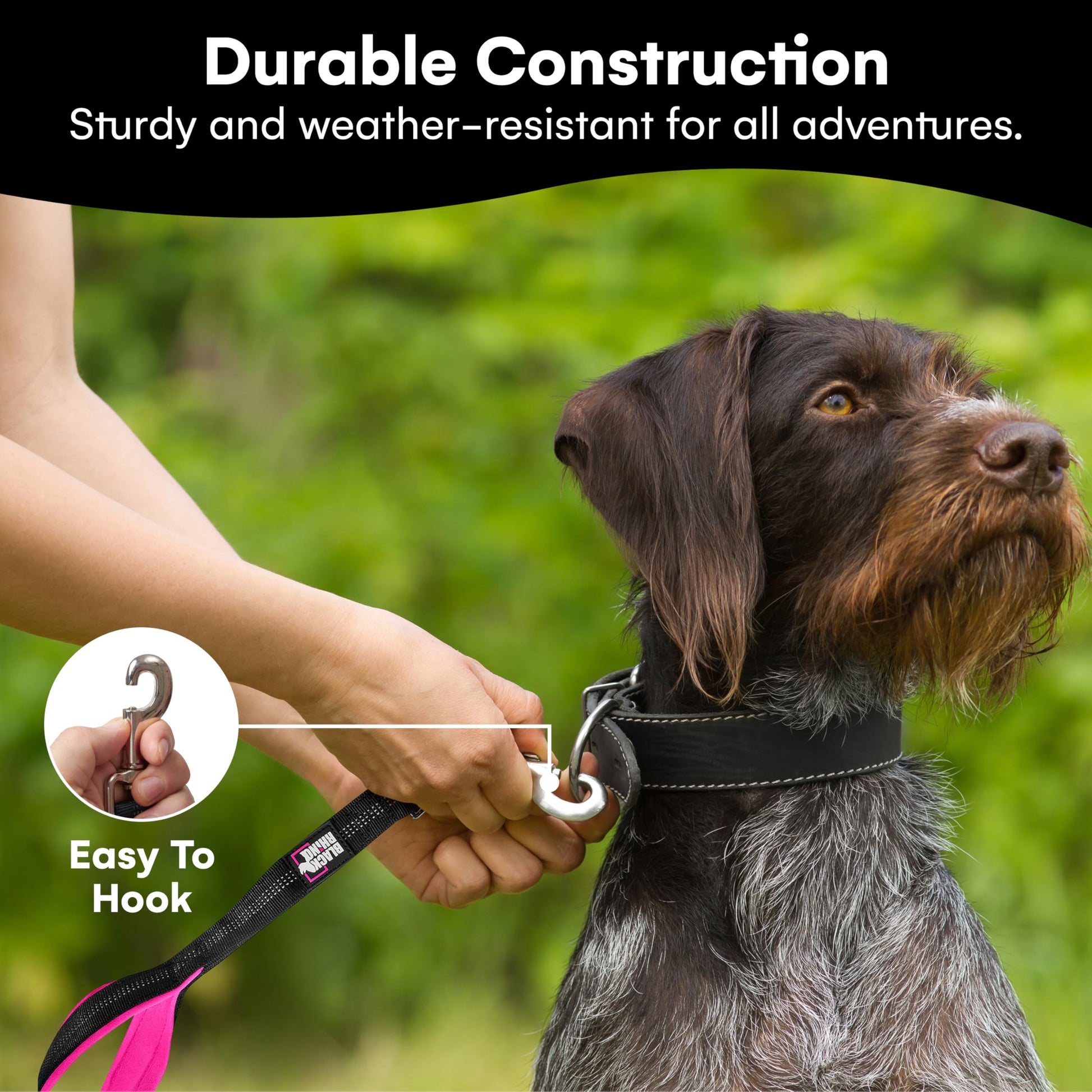 Black Rhino Heavy-Duty Dog Leash – 6ft Double Handle Lead with Padded Traffic Grip (Pink)
